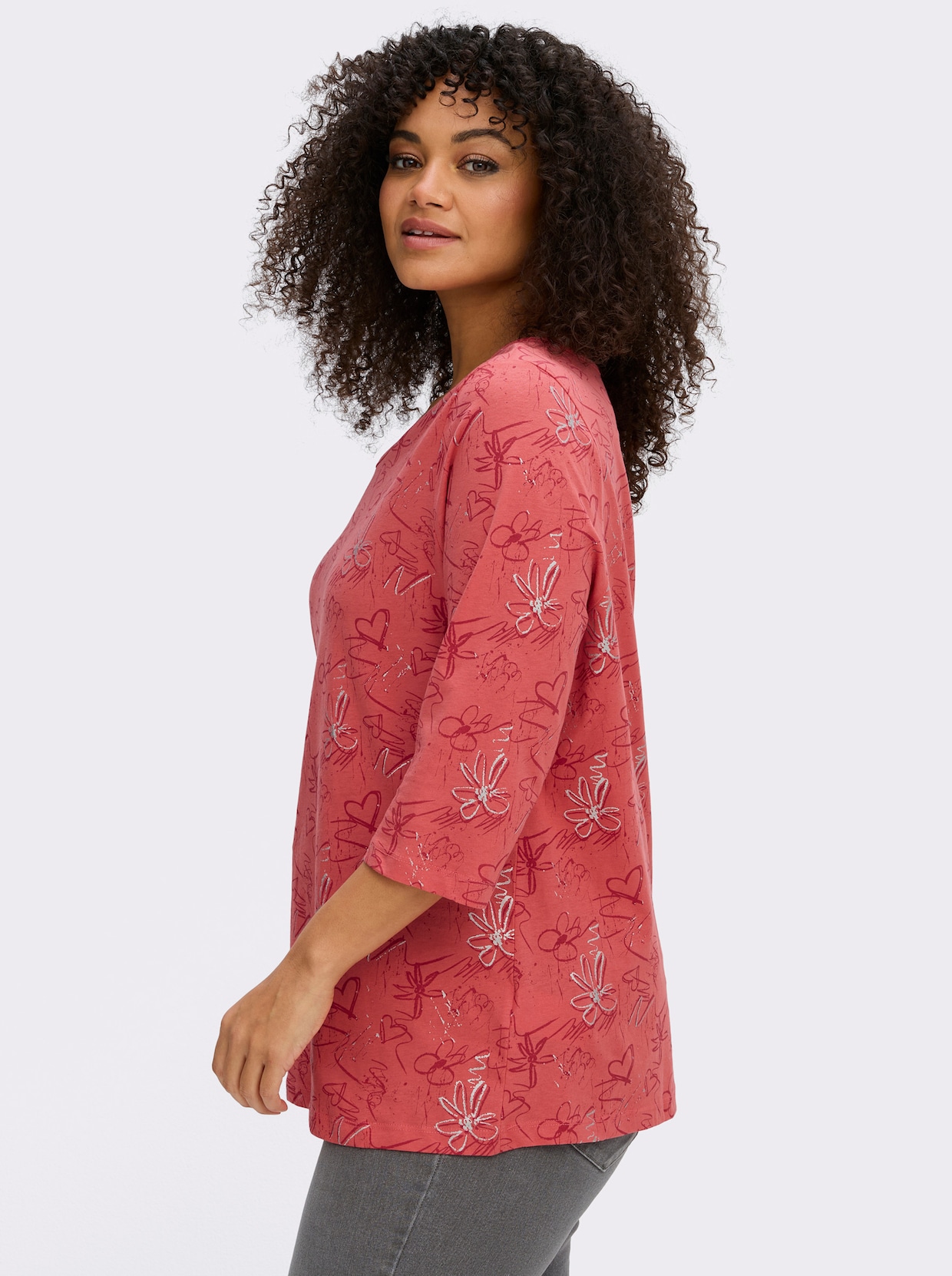 3/4-Arm-Shirt mit Herzen und Blüten verziert - grapefruit