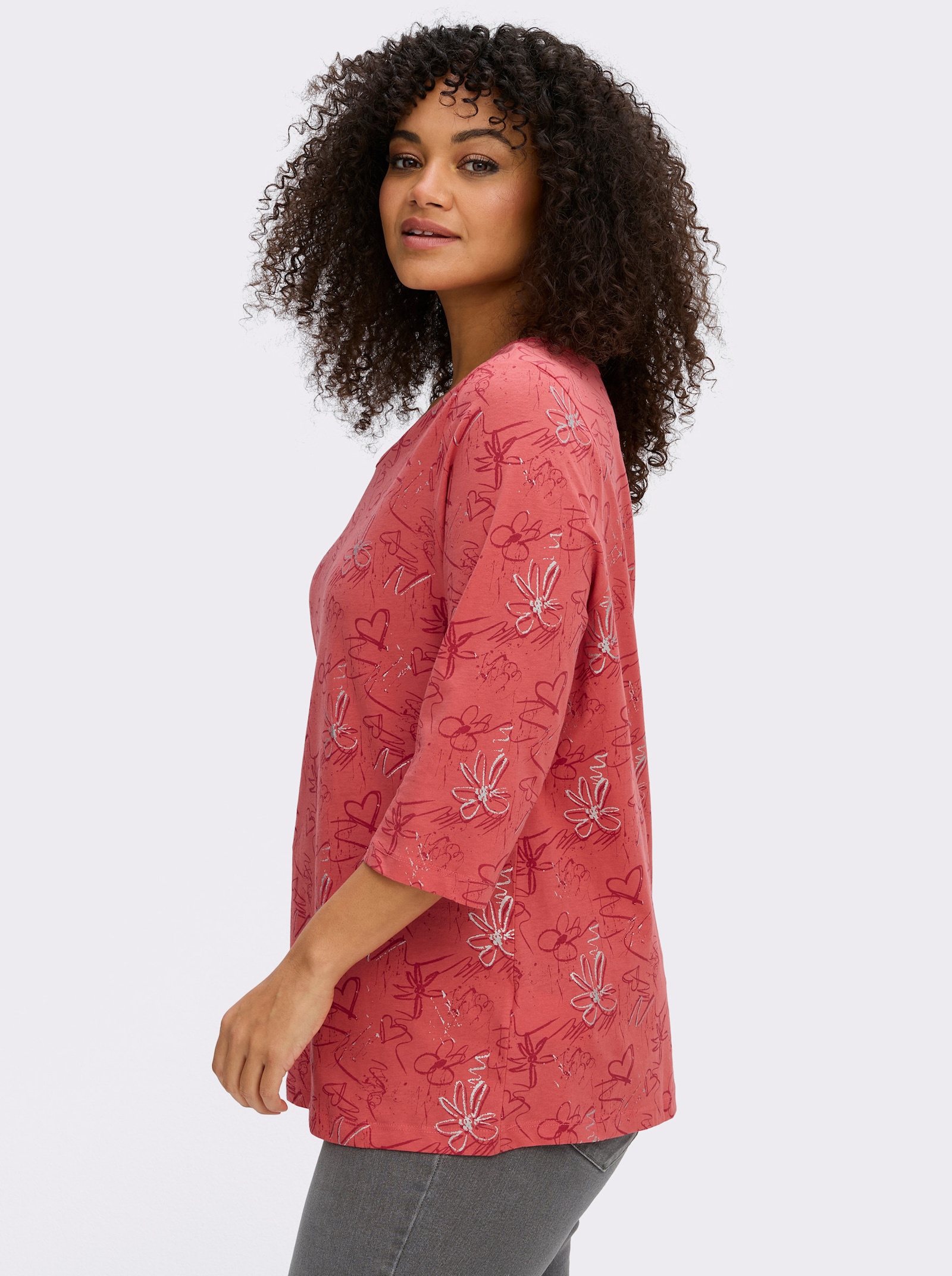 3/4-Arm-Shirt mit Herzen und Blüten verziert - grapefruit