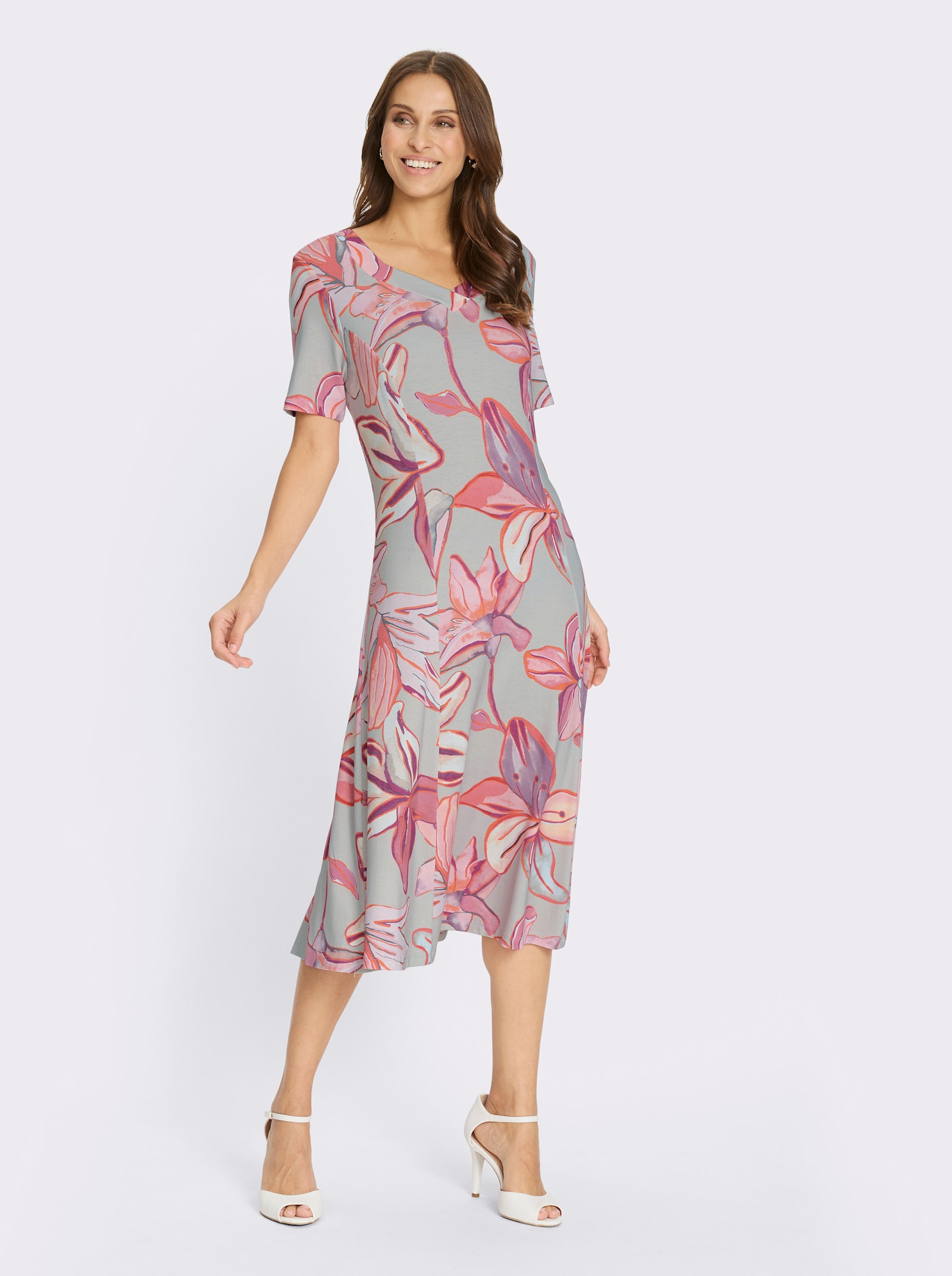 Jerseykleid mit Blüten-Dessin - hellgrau-koralle-bedruckt