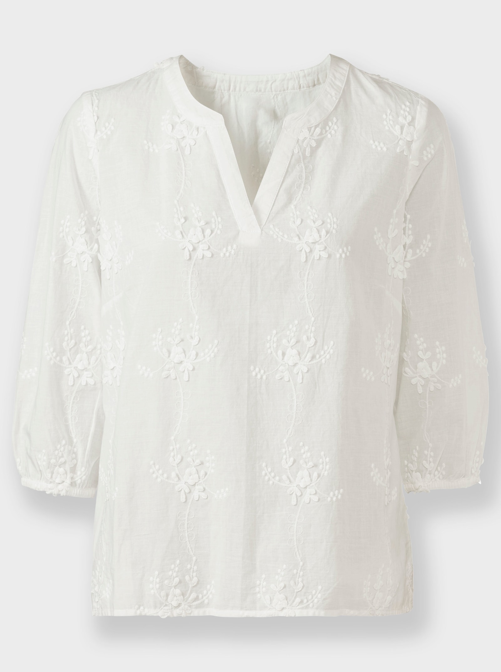 Baumwollbluse mit 3D-Blütenstickerei - ecru