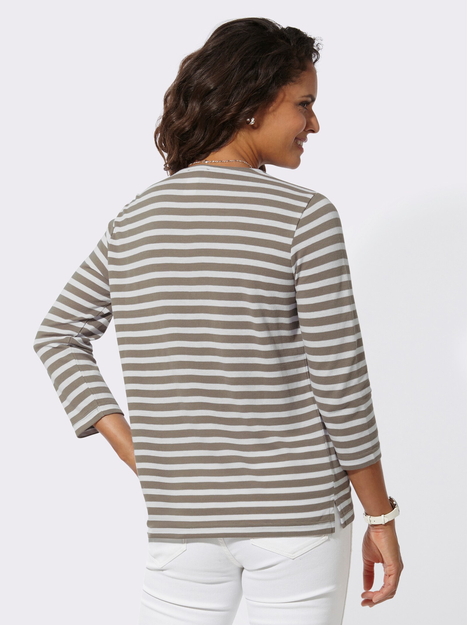 Ringelshirt mit Metallplättchen vorne - taupe-weiss-geringelt