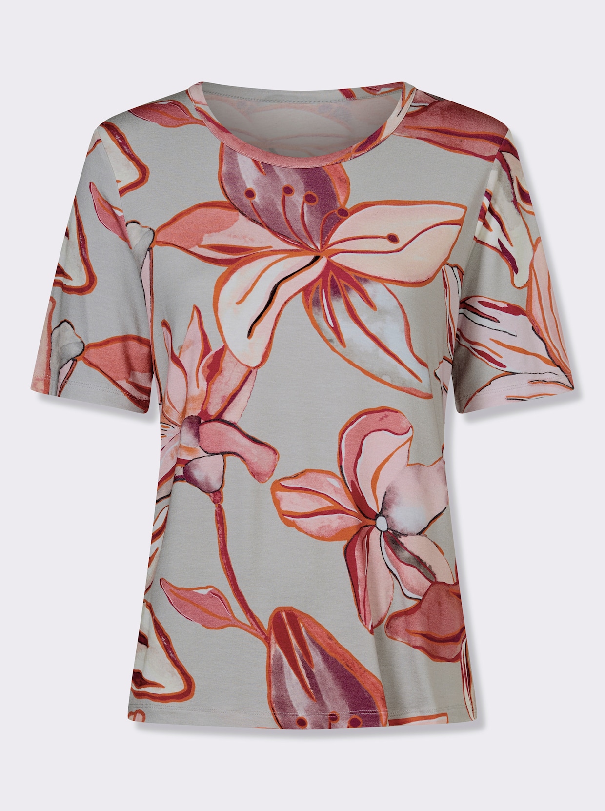 Print-Shirt - hellgrau-koralle-bedruckt