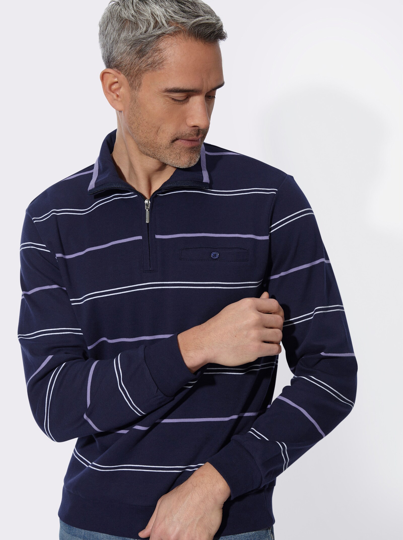 Sweatshirt mit Brusttasche - marine-lavendel-geringelt