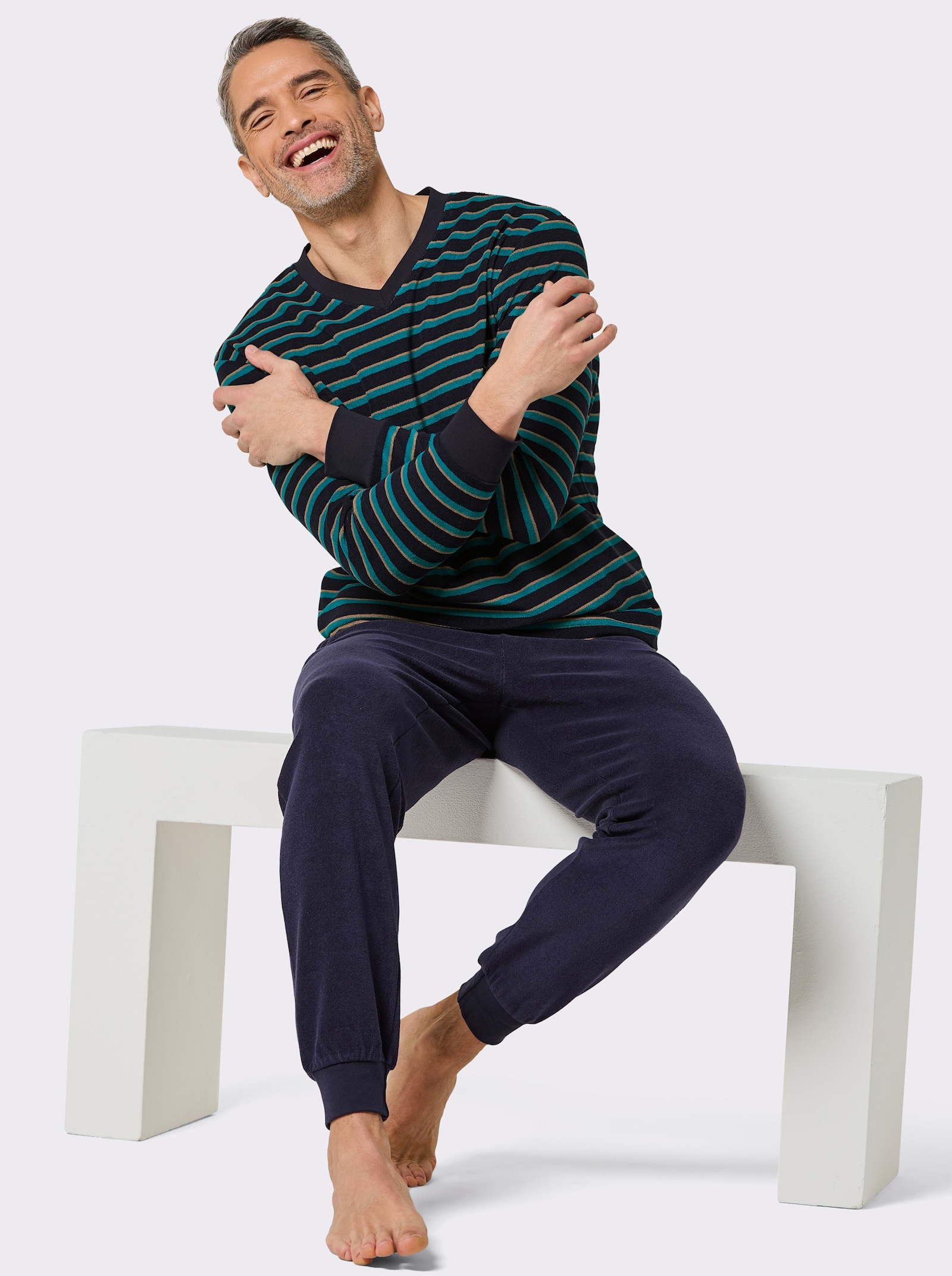 wäschepur men Schlafanzug - marine-türkis-gestreift