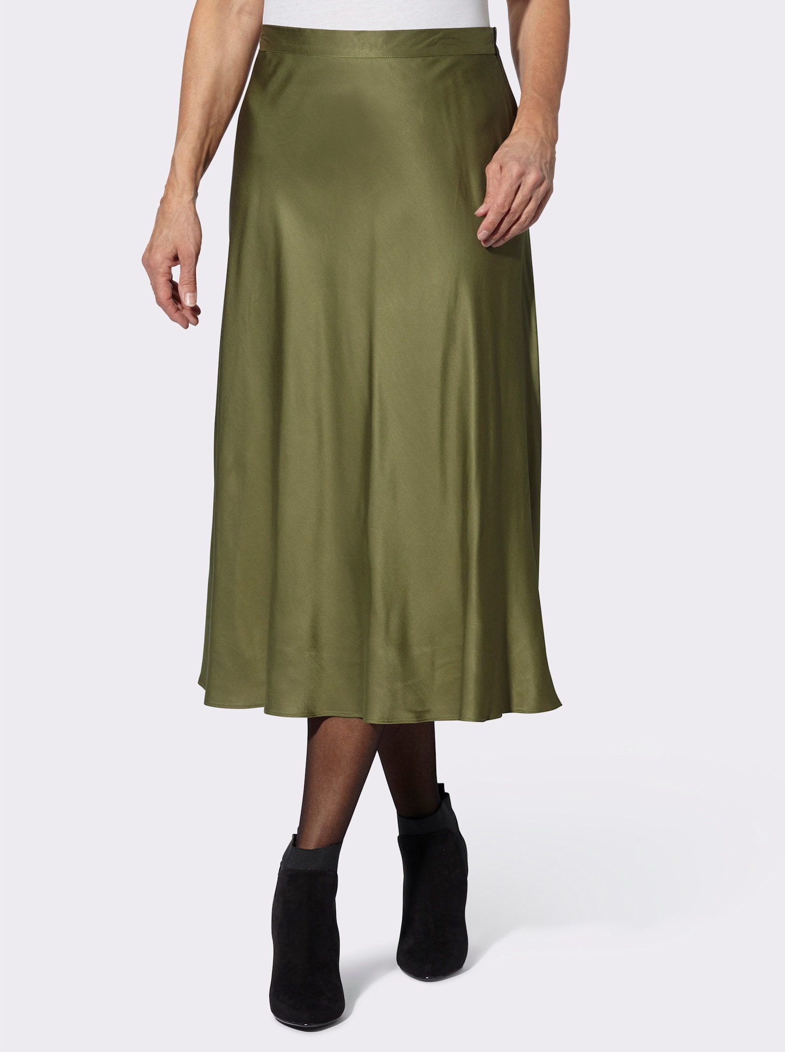 Saténová sukně rozšířeného střihu - olivová