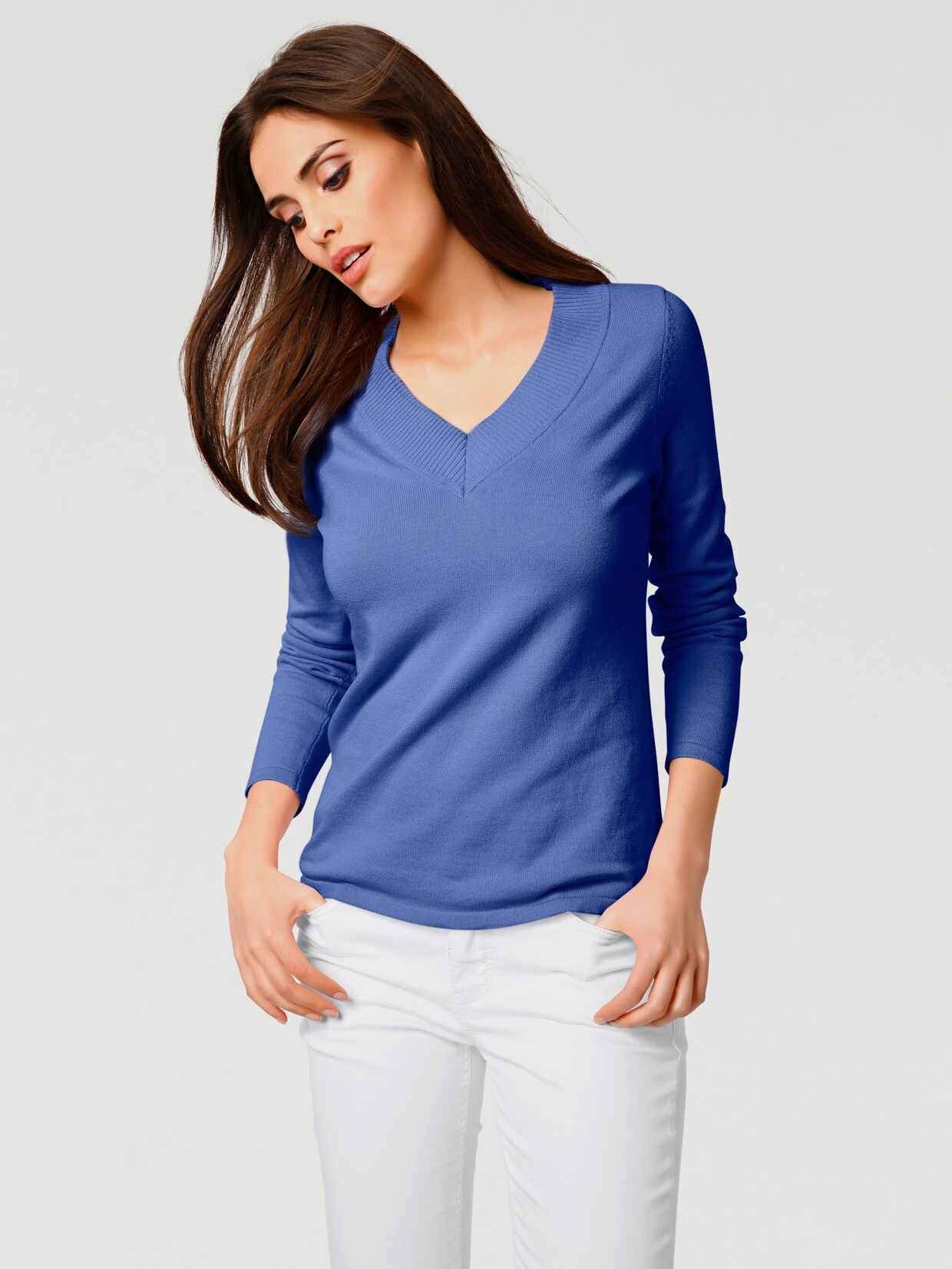 heine Pullover met V-hals - koningsblauw