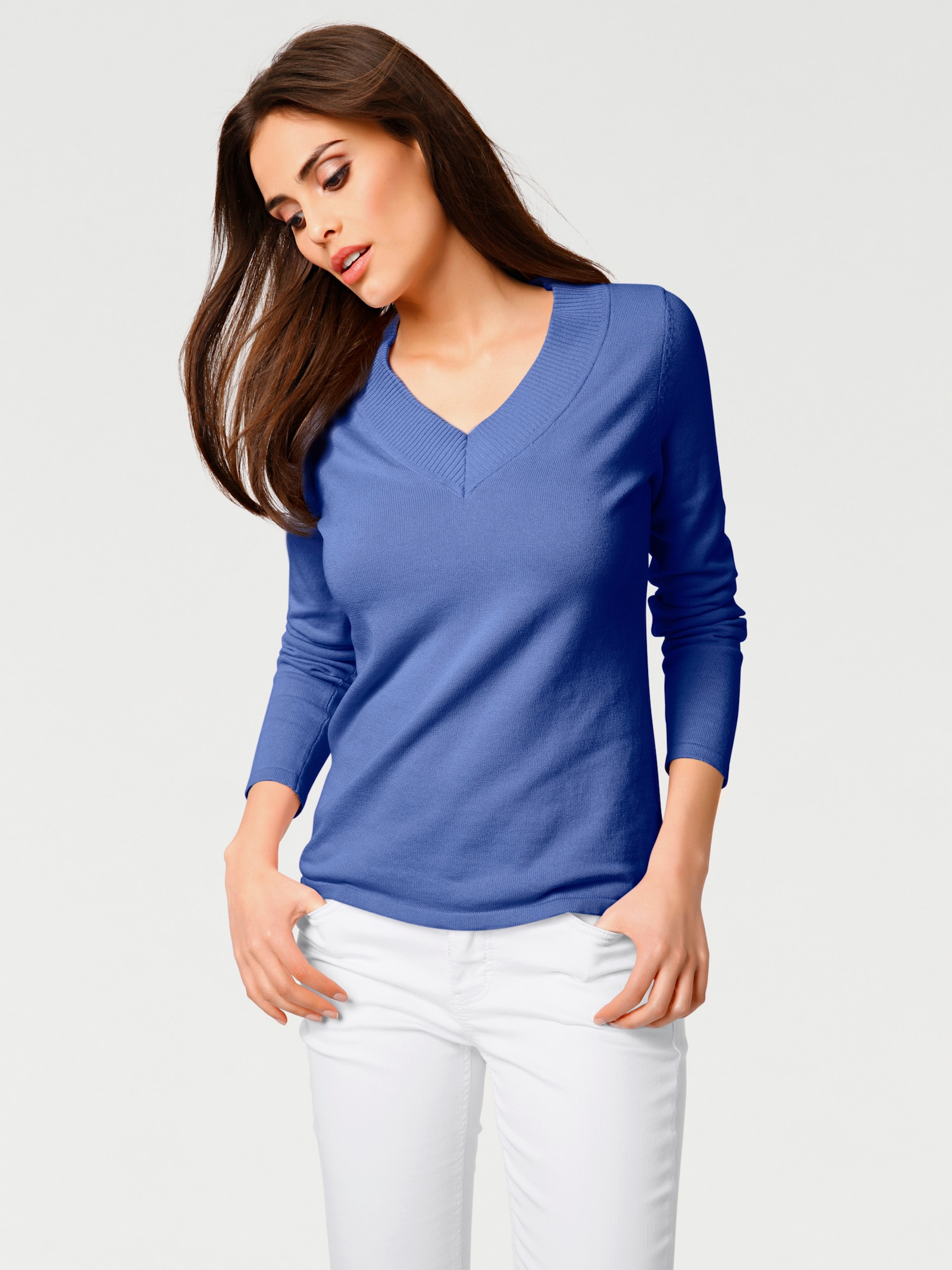 heine V-Ausschnitt-Pullover aus reiner Baumwolle - royalblau