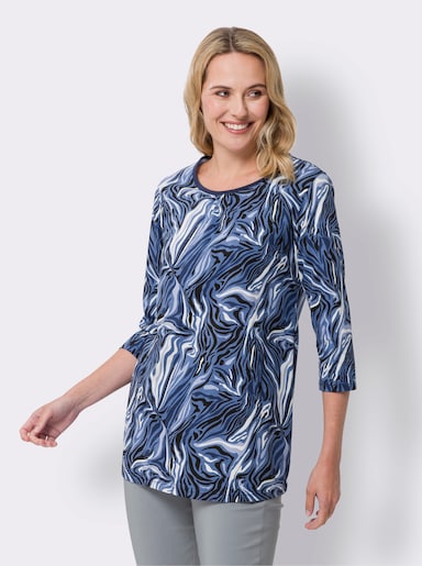 Longshirt mit Raffung am Ausschnitt - dunkelblau-ecru-bedruckt
