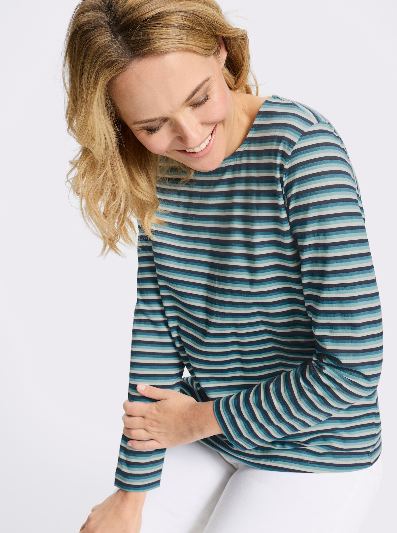 Langarmshirt in Baumwoll-Qualität, gestreift - topas-marine-geringelt