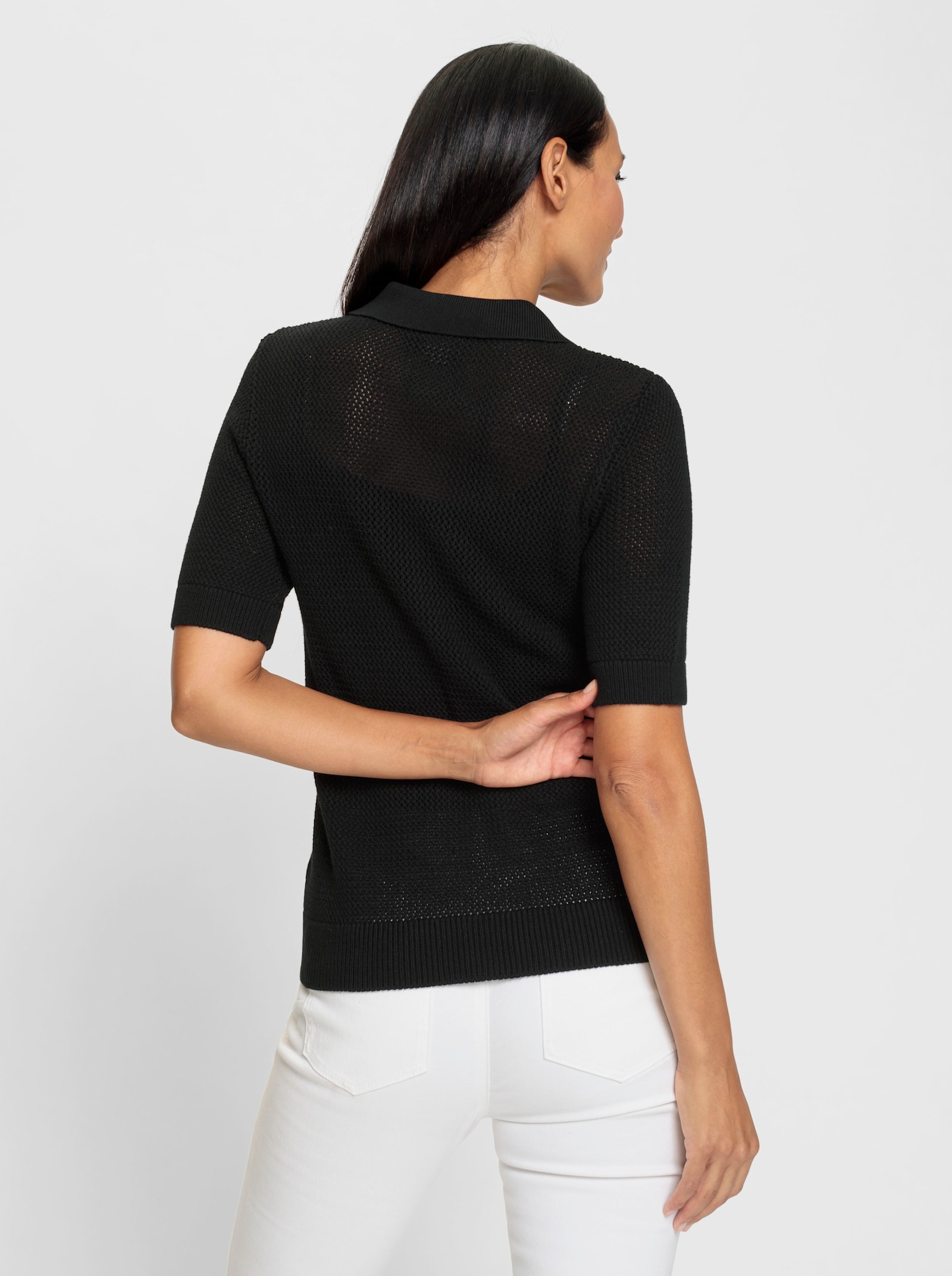 heine Polopullover met ajourtricot - zwart