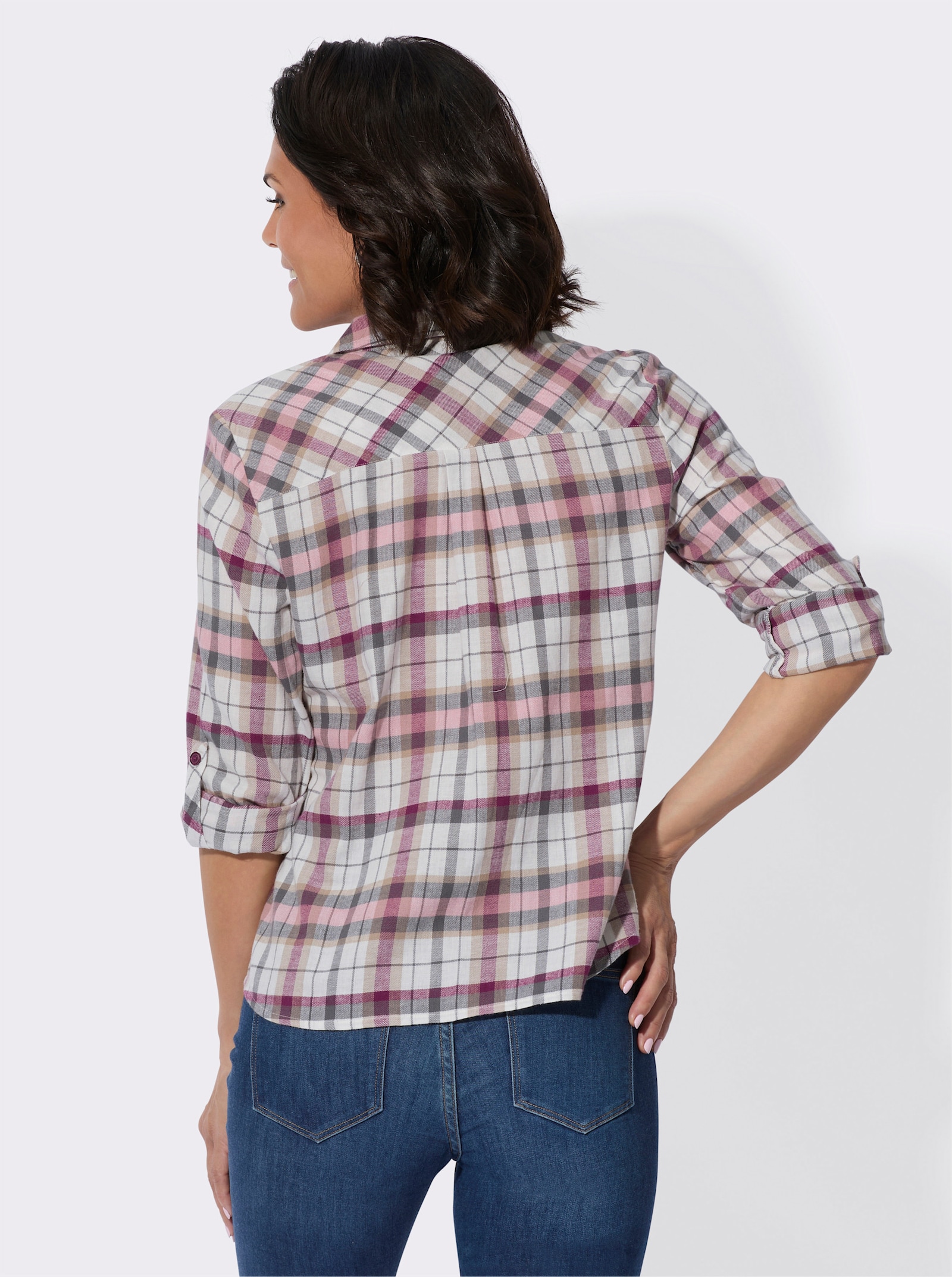 Flanellen blouse met licht afgeronde zoom - rozenhout/ecru geruit