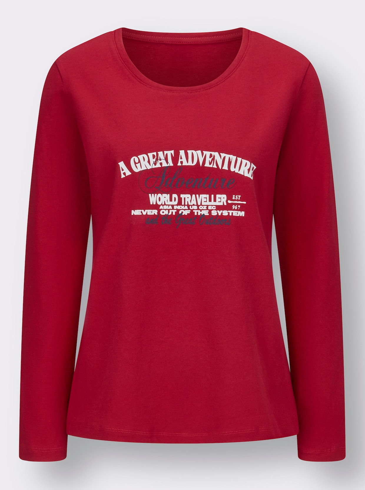 Langarmshirt - rot-ecru-bedruckt