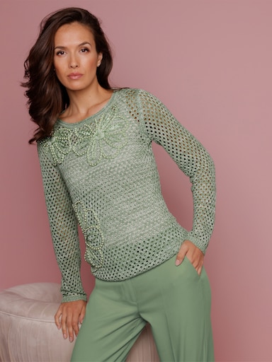 CREATION L PREMIUM Ajourpullover - eucalyptus-ecru-meliert