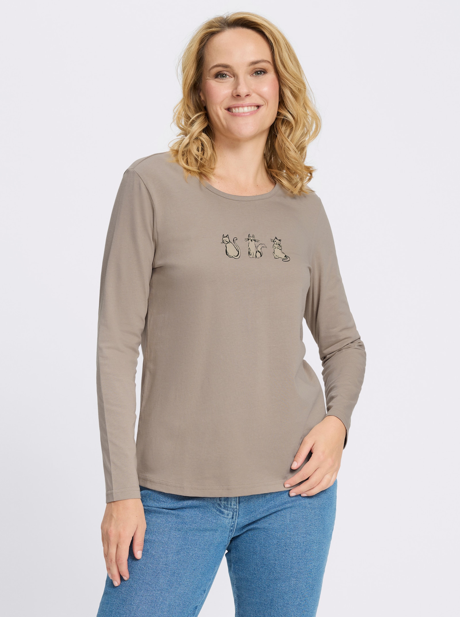 Rundhalsshirt mit Katzen-Motiv - sesam-sand