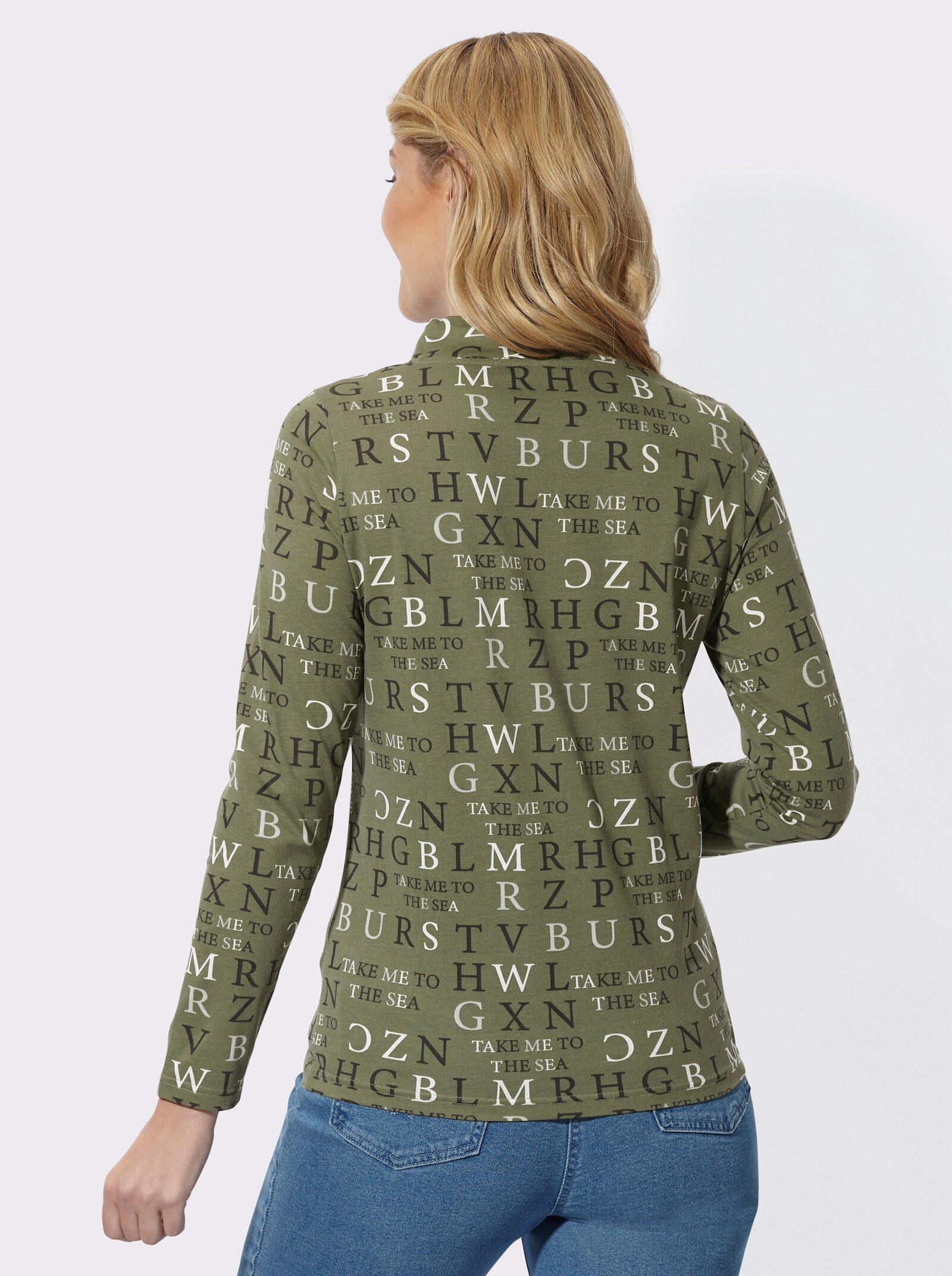 Stehkragenshirt mit Buchstabendruck - khaki-ecru-bedruckt