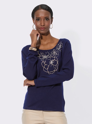 Langarm-Pullover mit Zier-Kettchen am Ausschnitt - marine