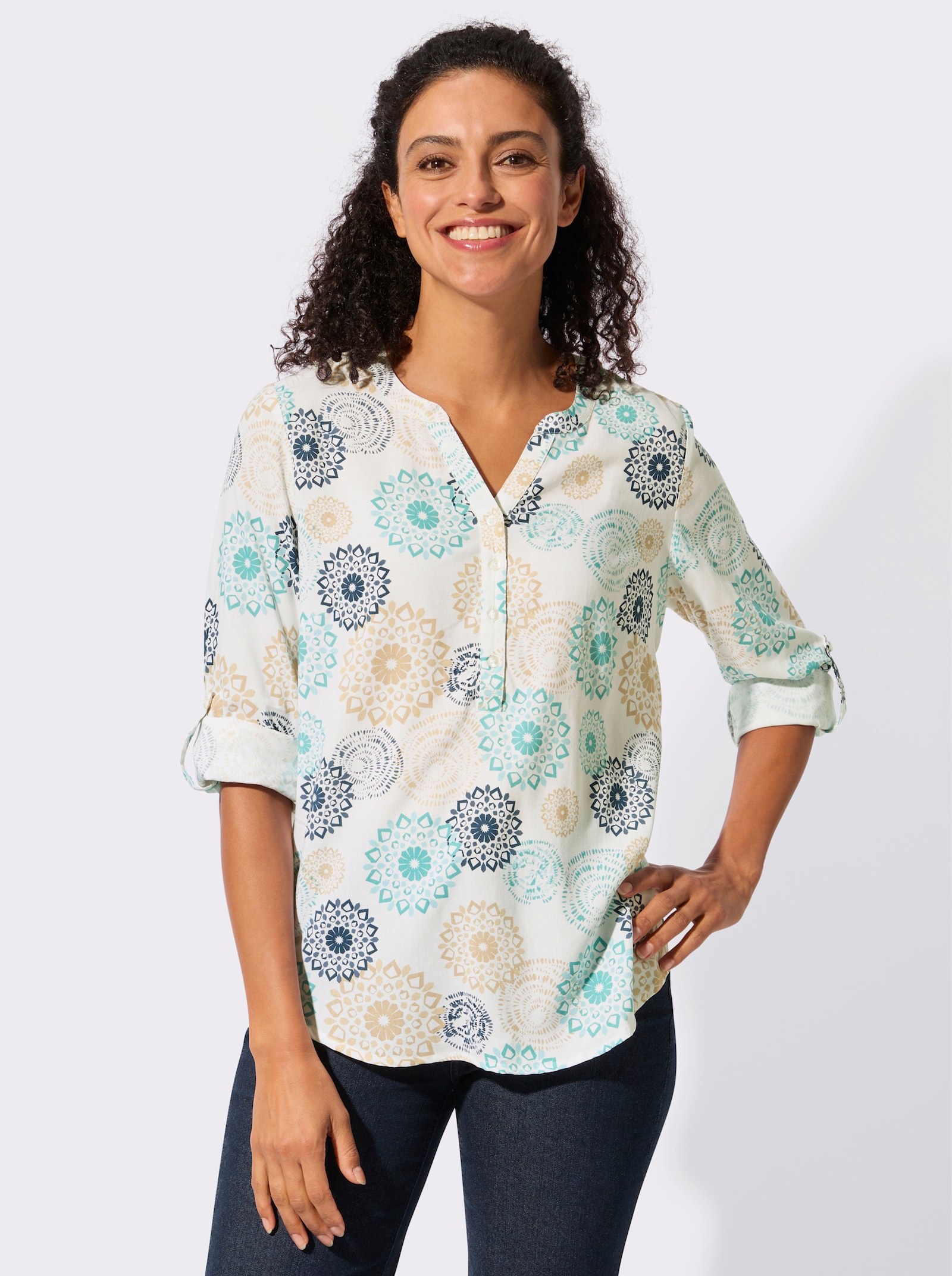 Blouse met lange opstroopbare mouwen - ecru/oceaan bedrukt