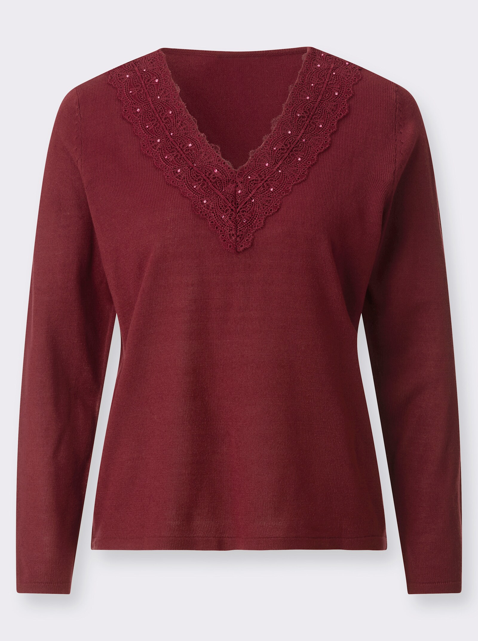 Feinstrickpullover mit Spitzenbesatz - dunkelrot