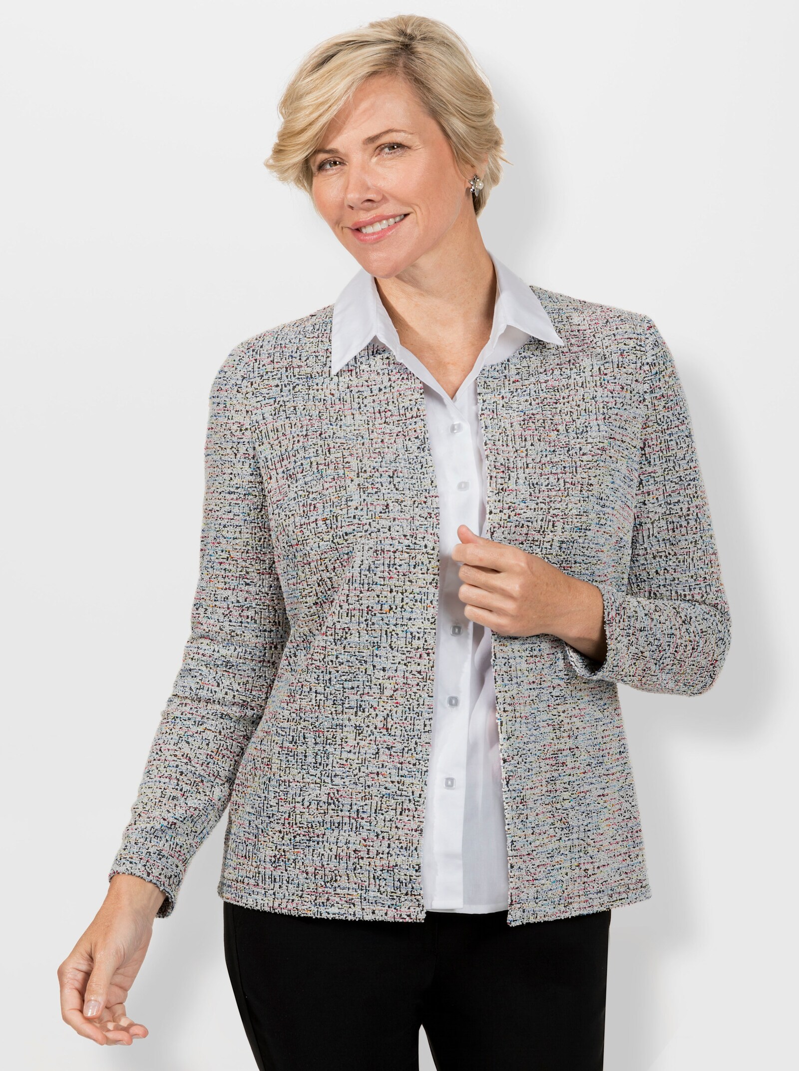 Shirtjasje met boucléstructuur - zwart/roze gemêleerd