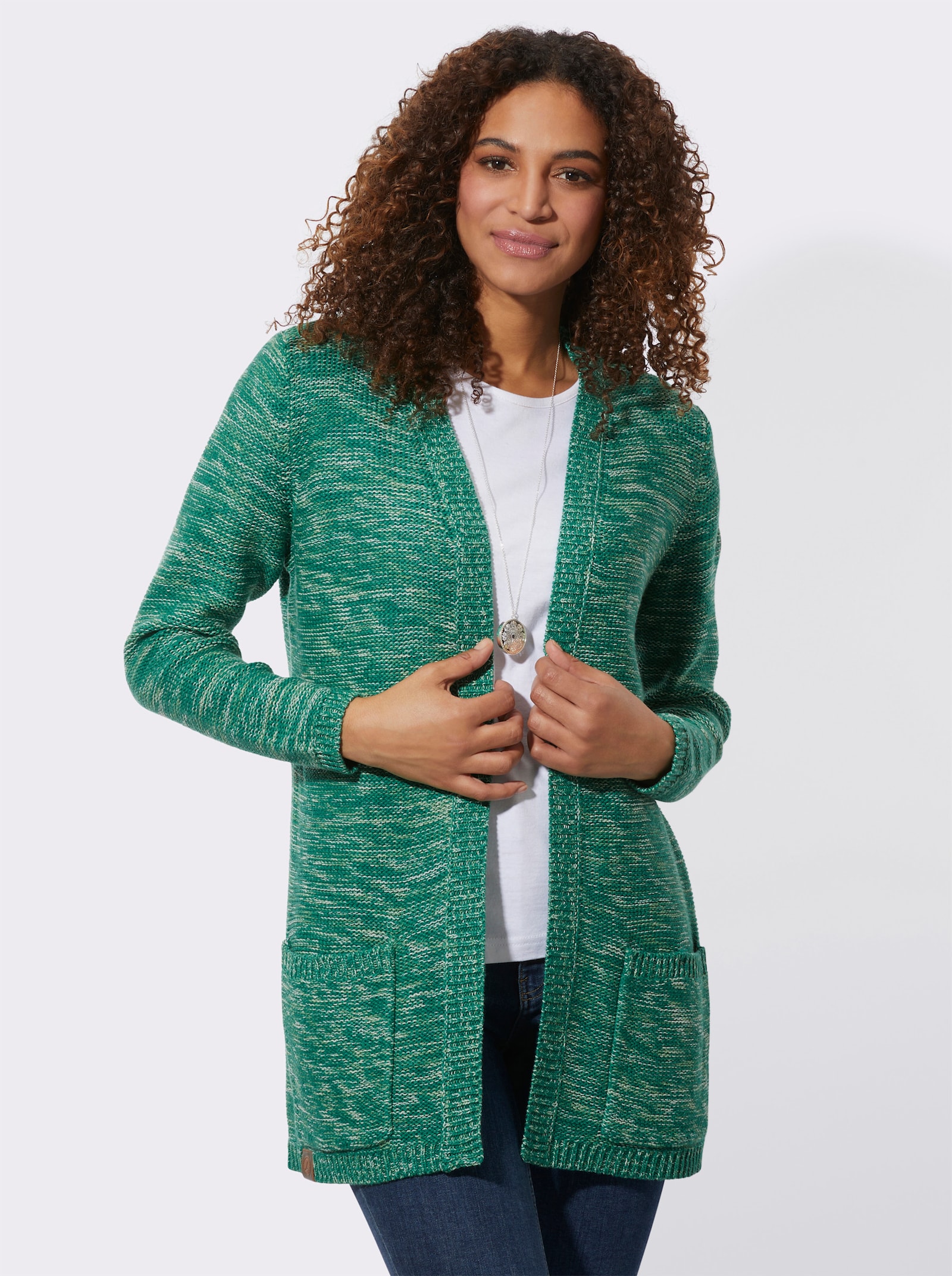 Strickjacke in Longform, meliert - grün-meliert