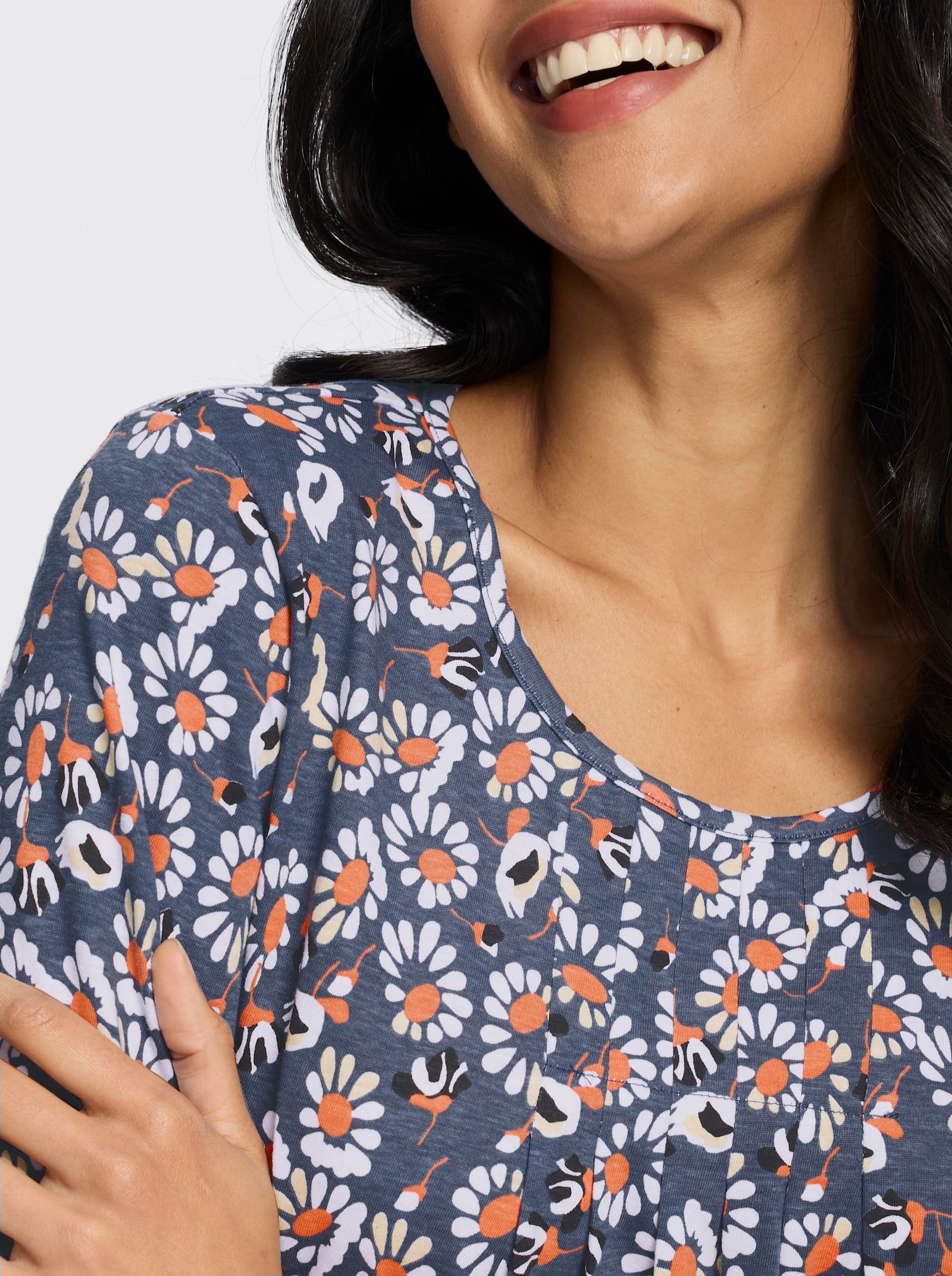 Longshirt im Blüten-Dessin - rauchblau-papaya-bedruckt