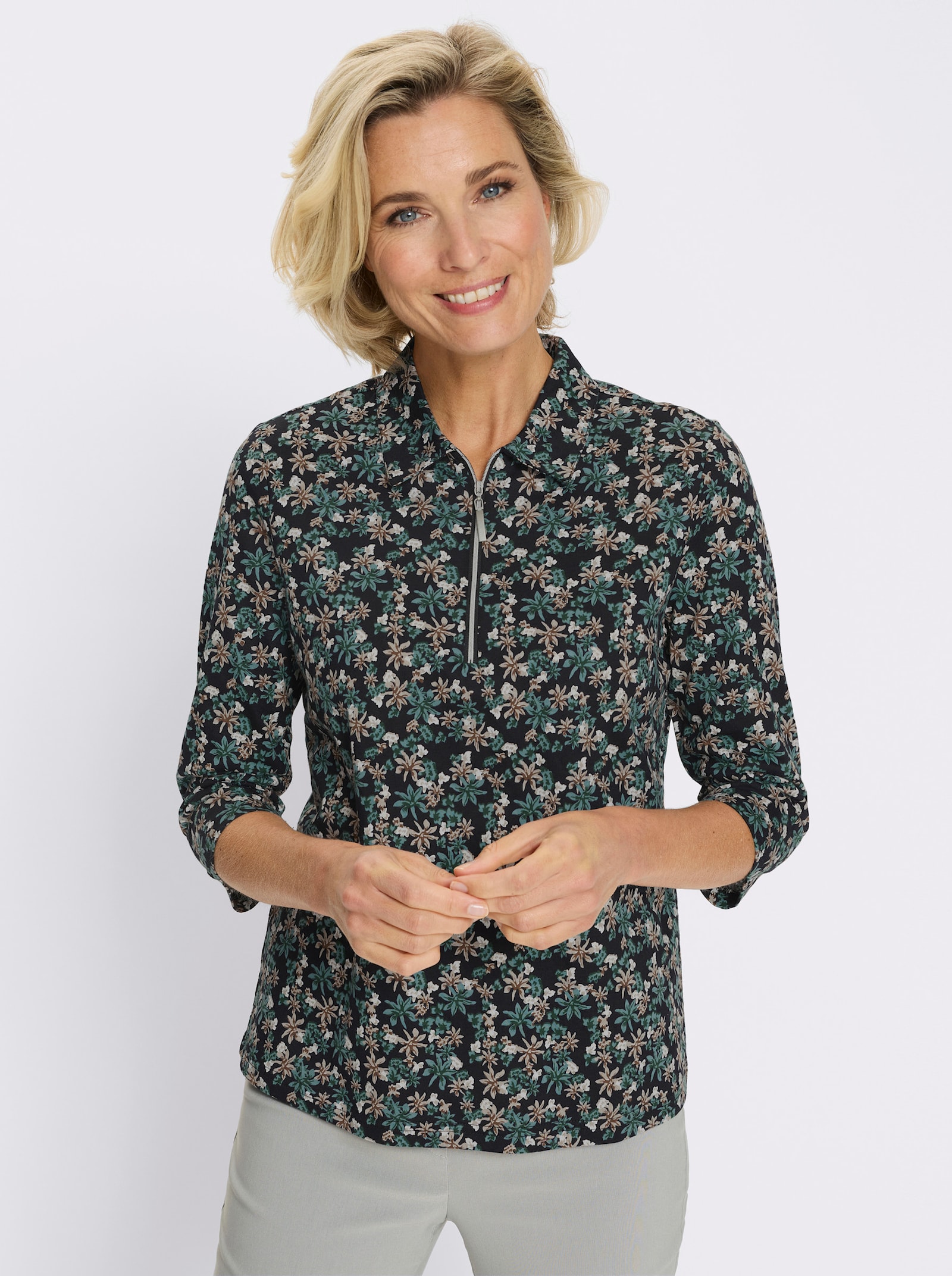 Poloshirt aus Baumwolle, geblümt - moos-sesam-bedruckt