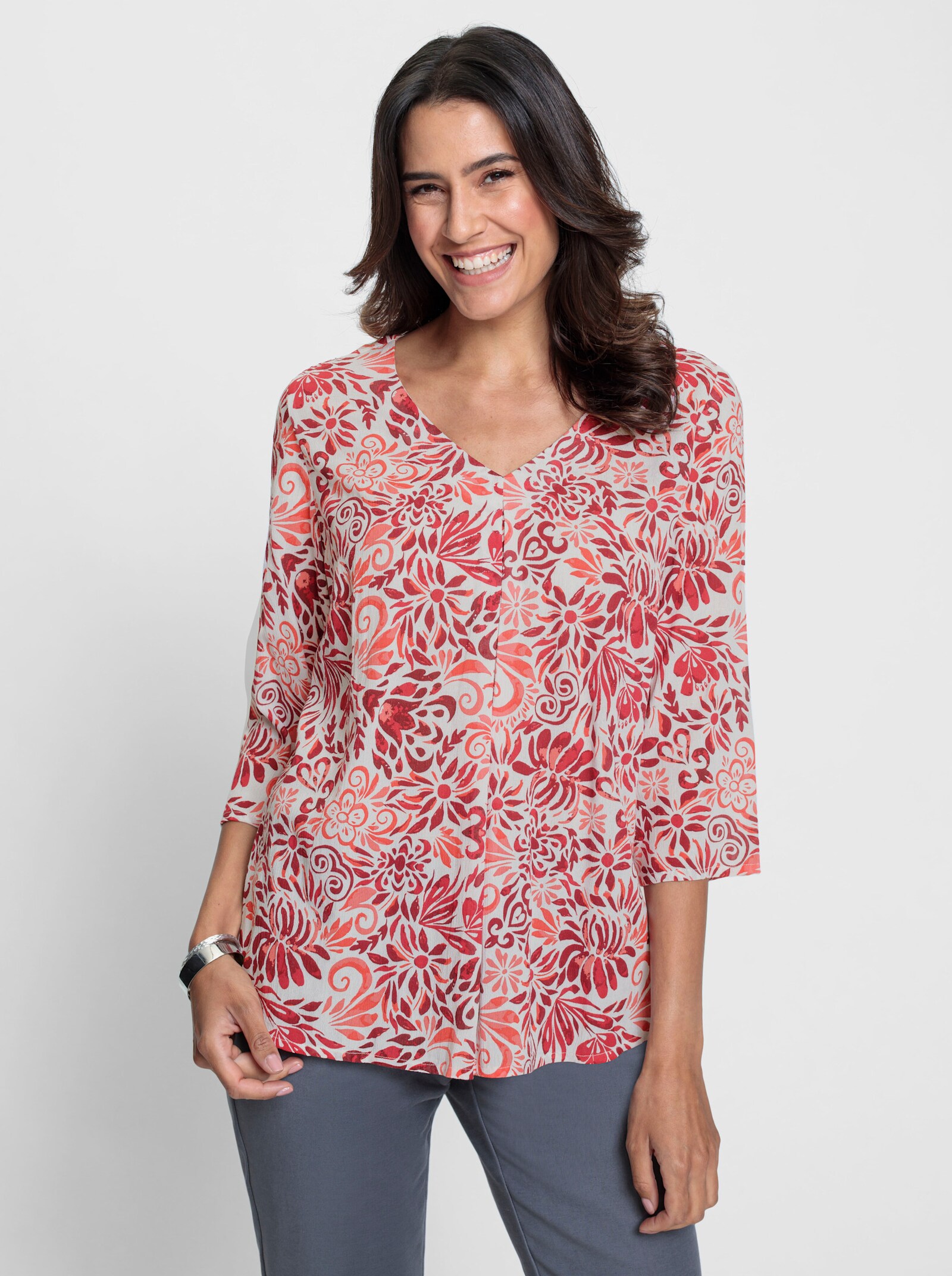 Druckbluse mit Kellerfalte - dunkelrot-kirsche-bedruckt