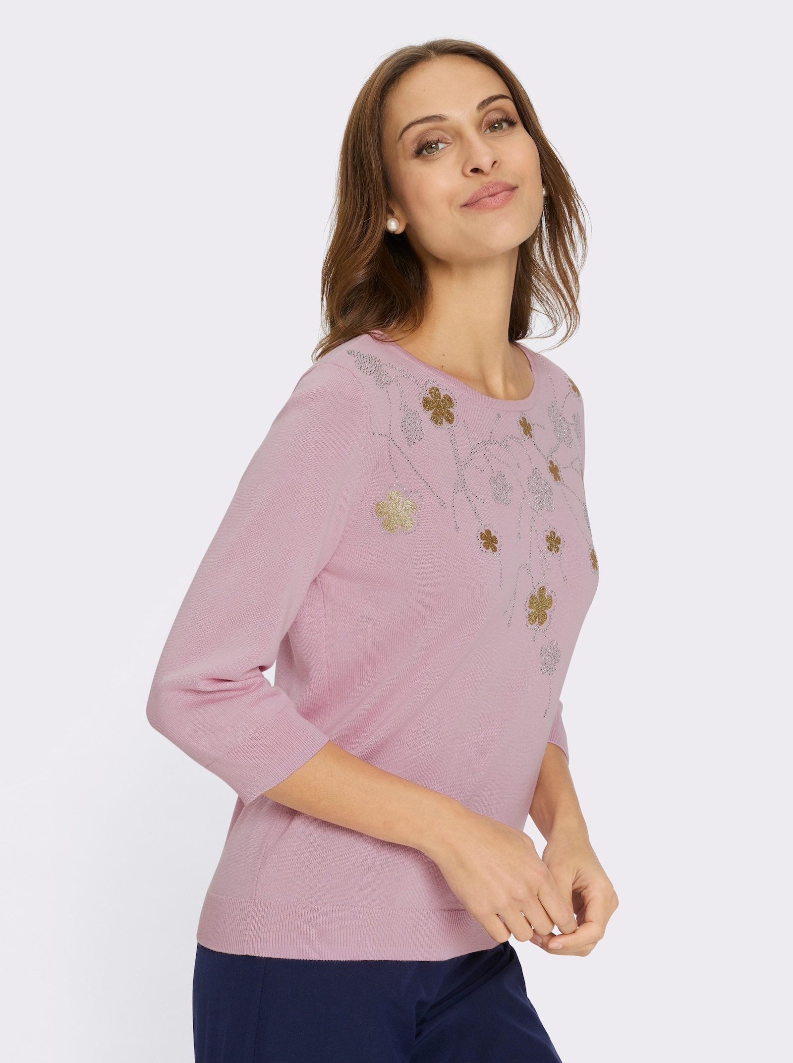 Rundhalspullover mit Blütenranken-Stickerei - rosé