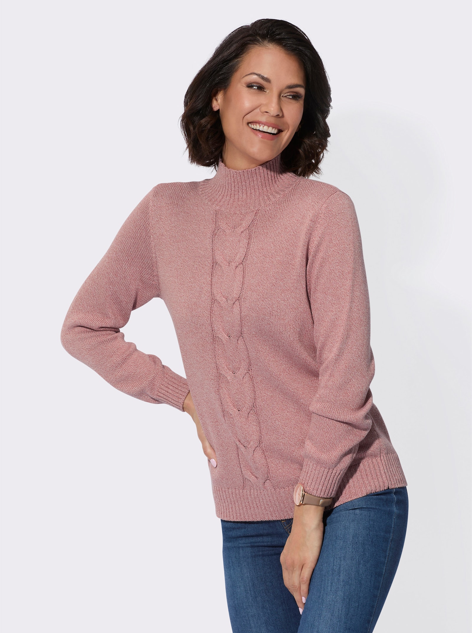 Stehkragenpullover mit Zopfmuster im Vorderteil - rosenholz-ecru-meliert