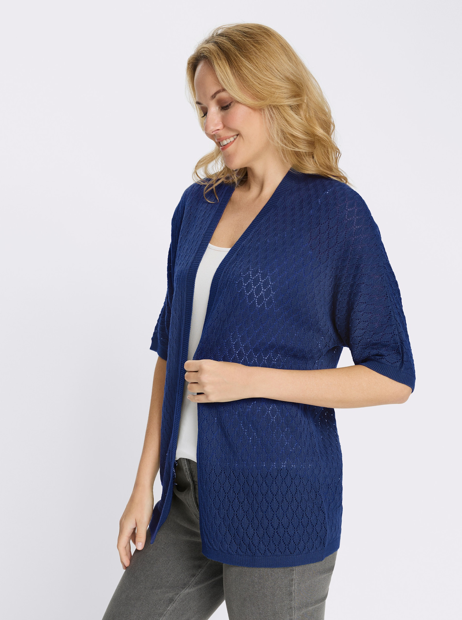 Longstrickjacke mit Ajour-Muster - royalblau