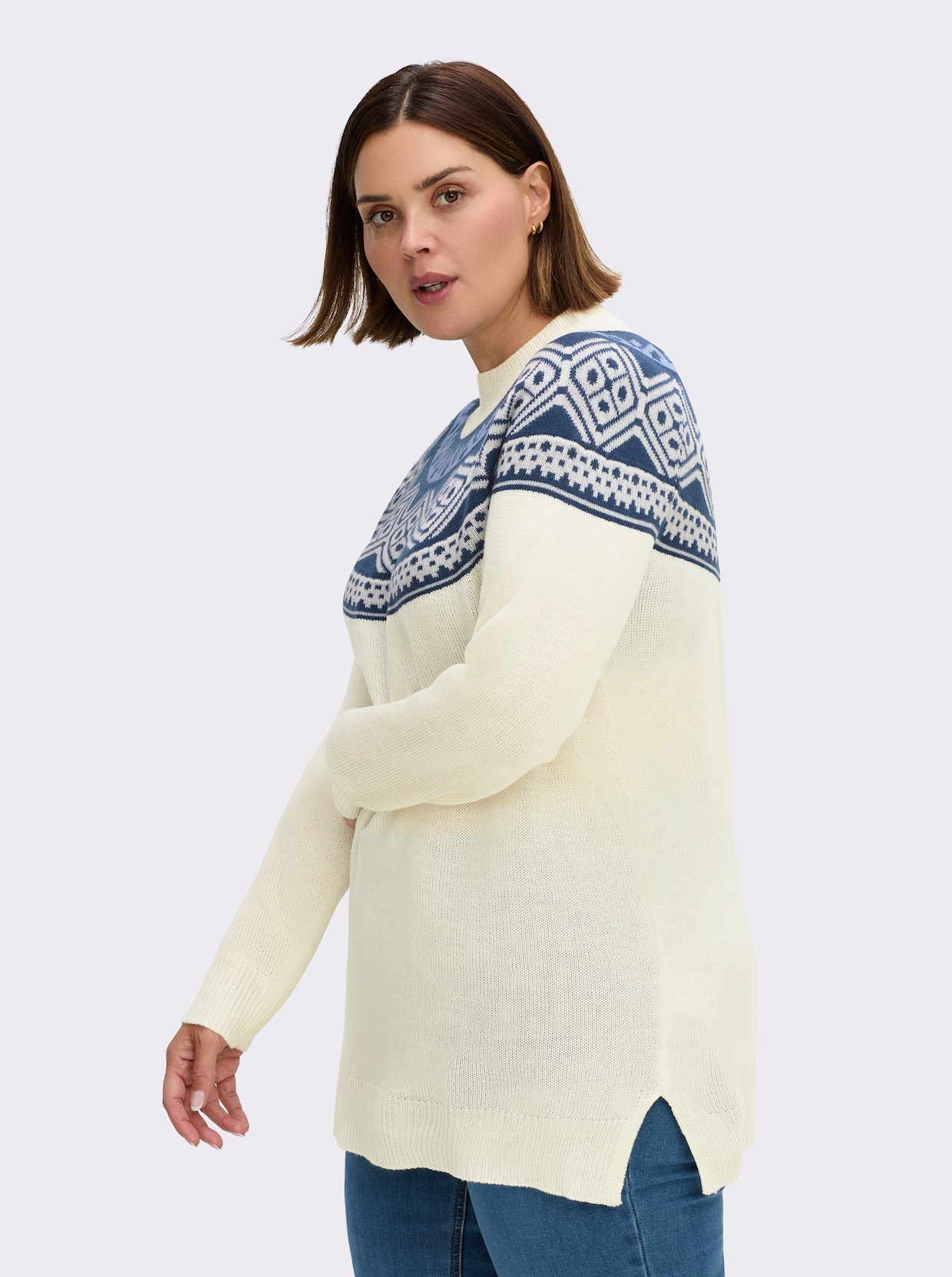 Longpullover mit Norwegermuster - ecru-dunkelblau