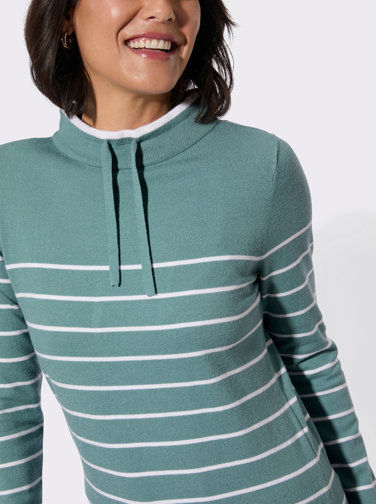 Stehkragenpullover mit sportiven Details - jade-ecru-geringelt