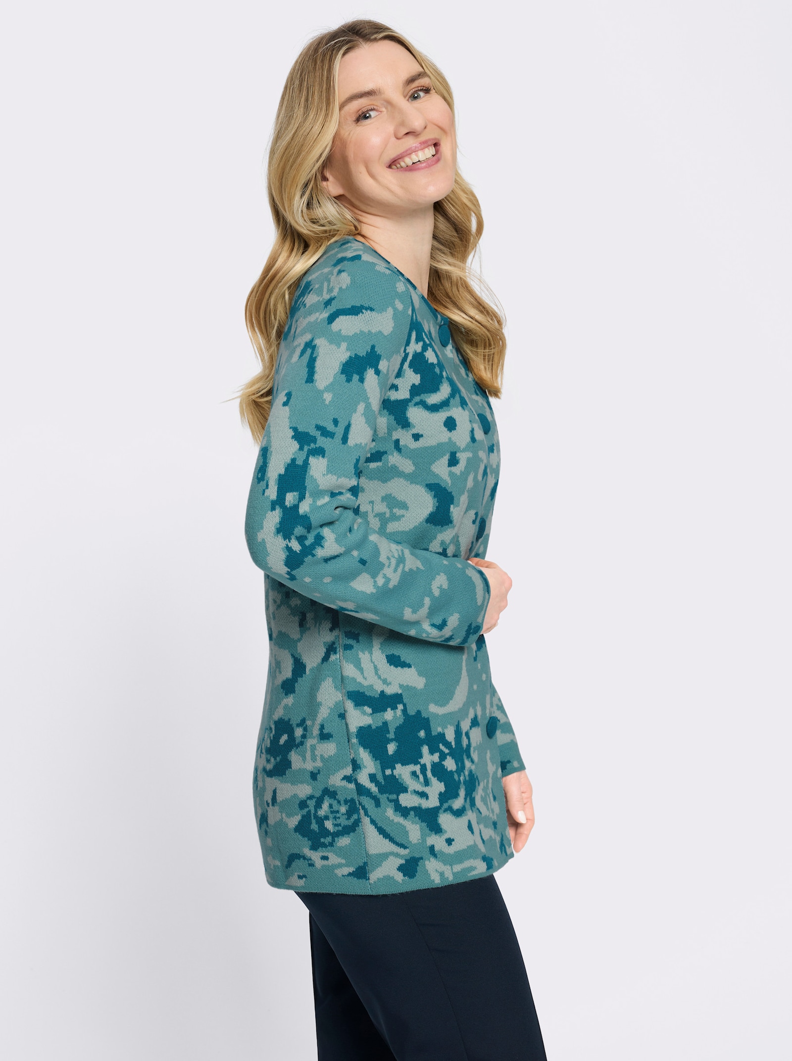 Jacquardstrickjacke in längerer Form - mint-aquapetrol-gemustert