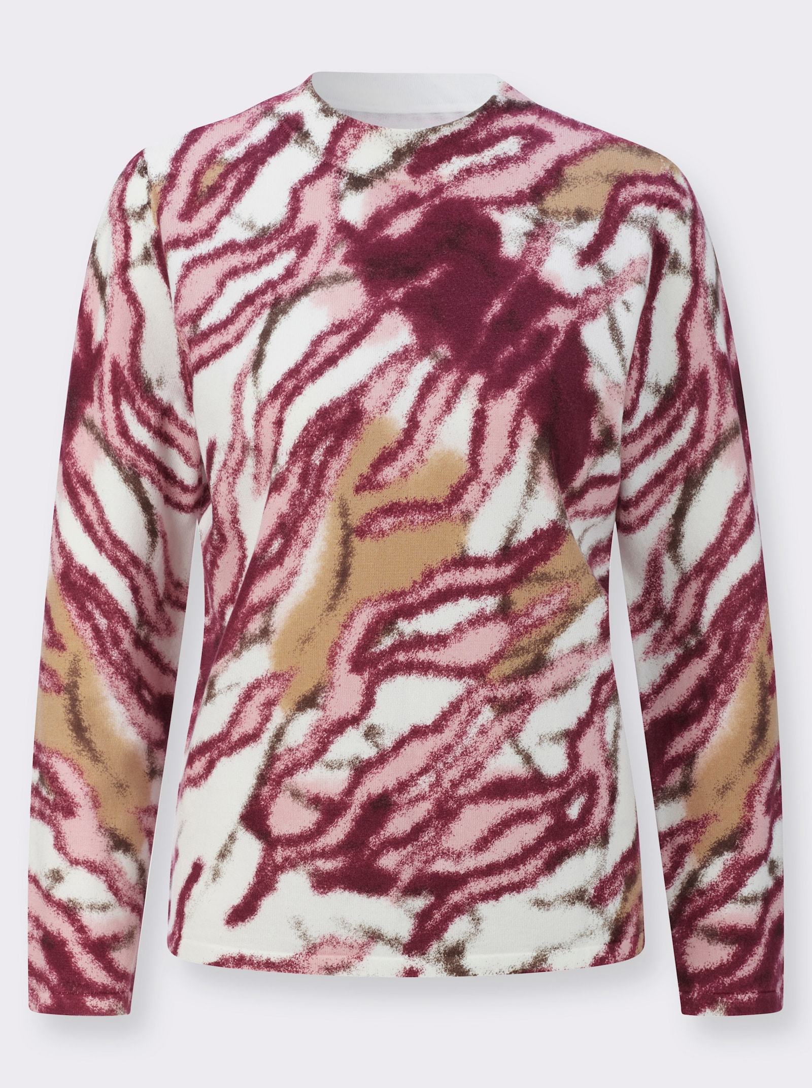 Langarm-Pullover mit Stehkragen - ecru-bordeaux-bedruckt