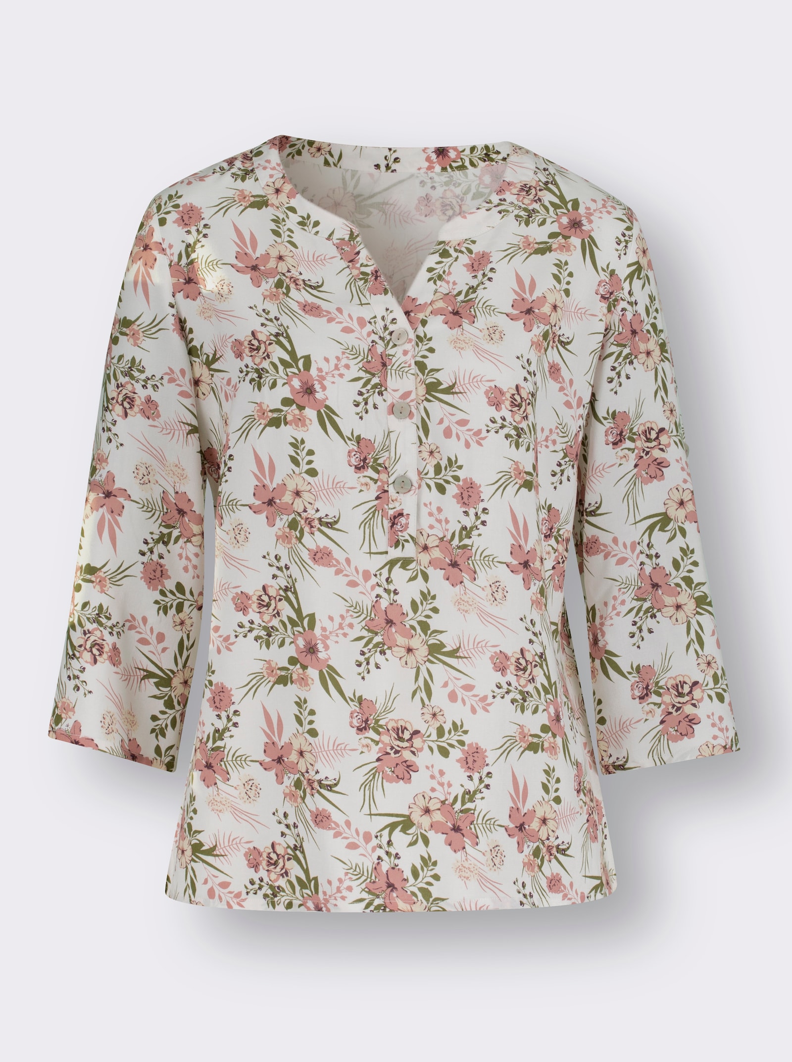 Blouse met print en korte knoopsluiting - ecru/kaki geprint