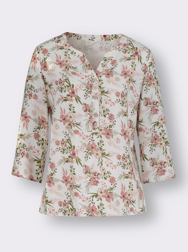 Blouse - ecru/kaki geprint