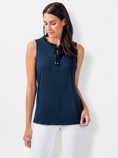 Shirttop mit Rüschen am Stehkragen - dunkelblau