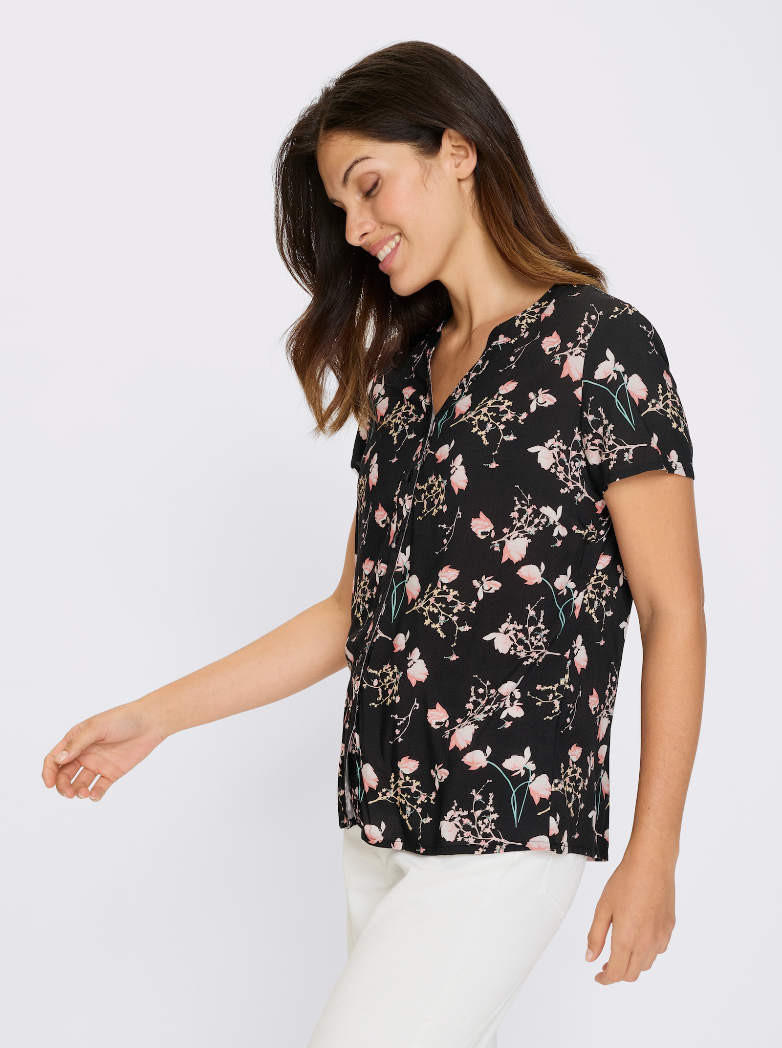 Navlékací halenka s květinovým vzorem - černá-plameňáková-potisk