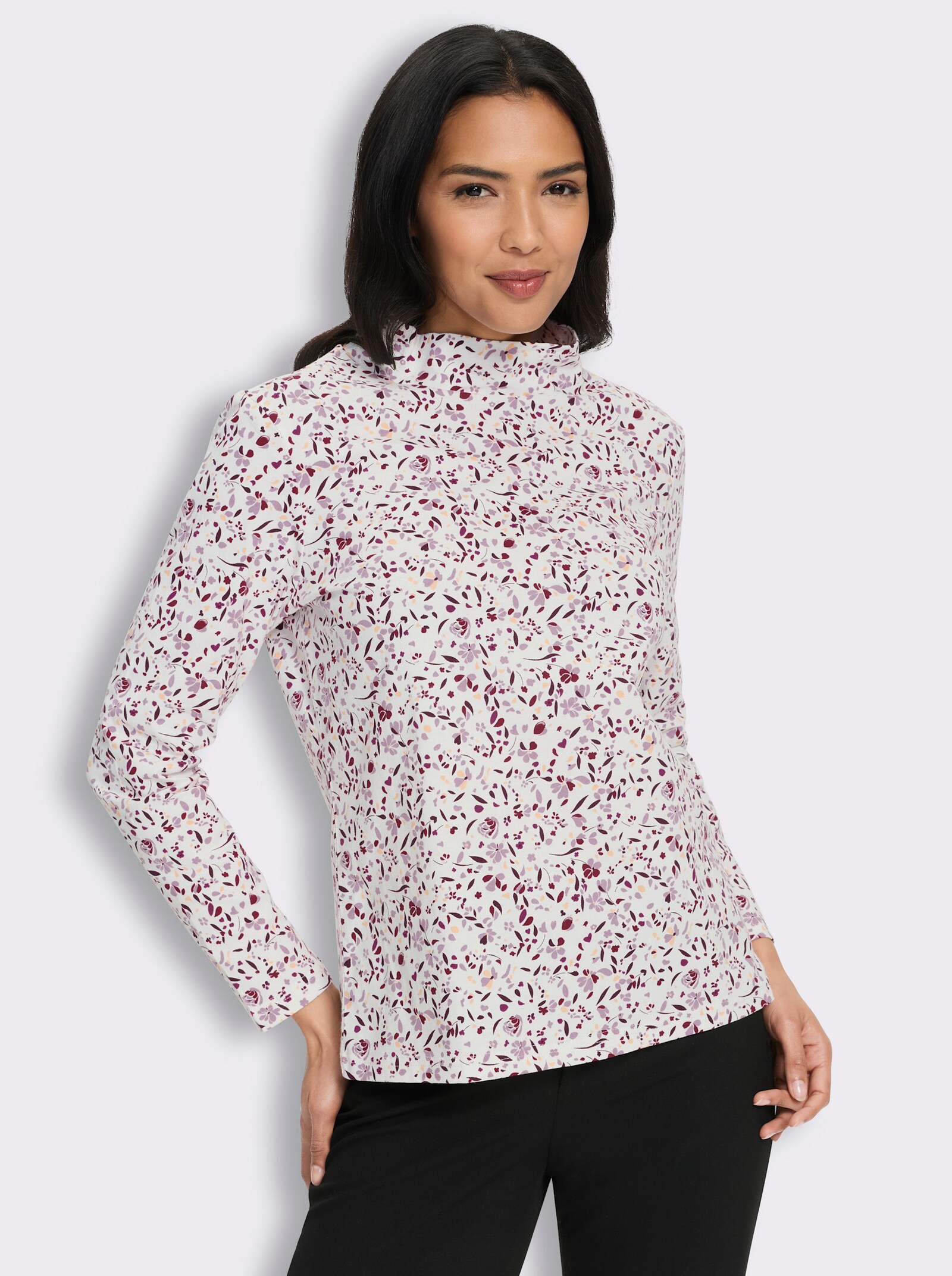 Stehkragenshirt in floralem Dessin - ecru-burgund-bedruckt