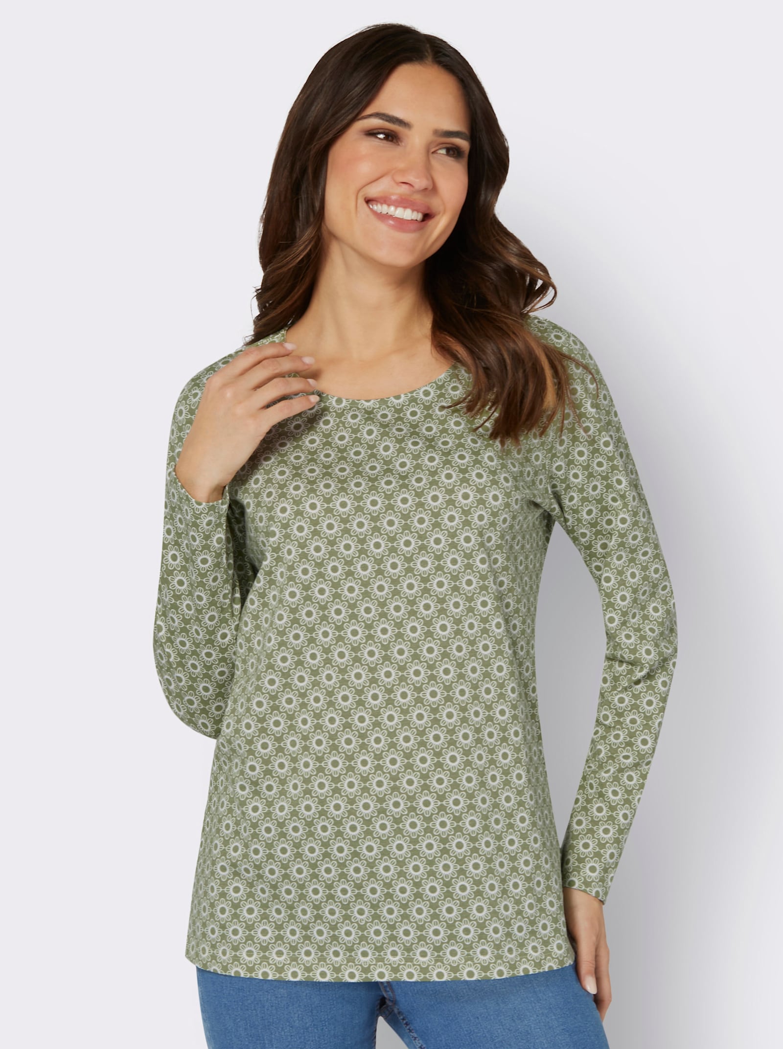 Langarmshirt im Minimal-Dessin - schilf-ecru-bedruckt