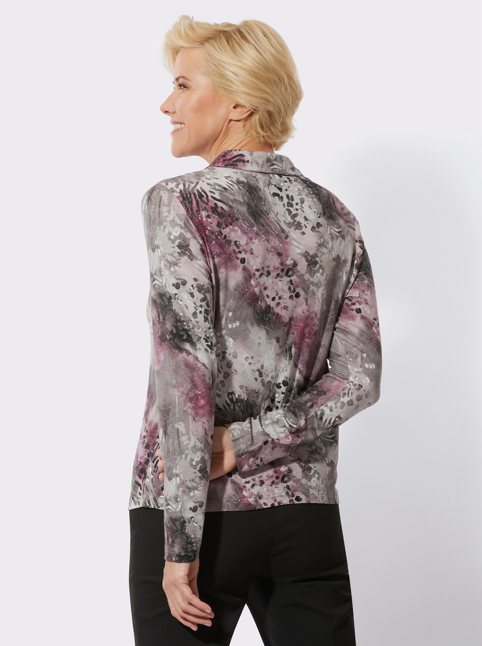 Poloshirt in Viskose-Qualität - steingrau-mauve-bedruckt