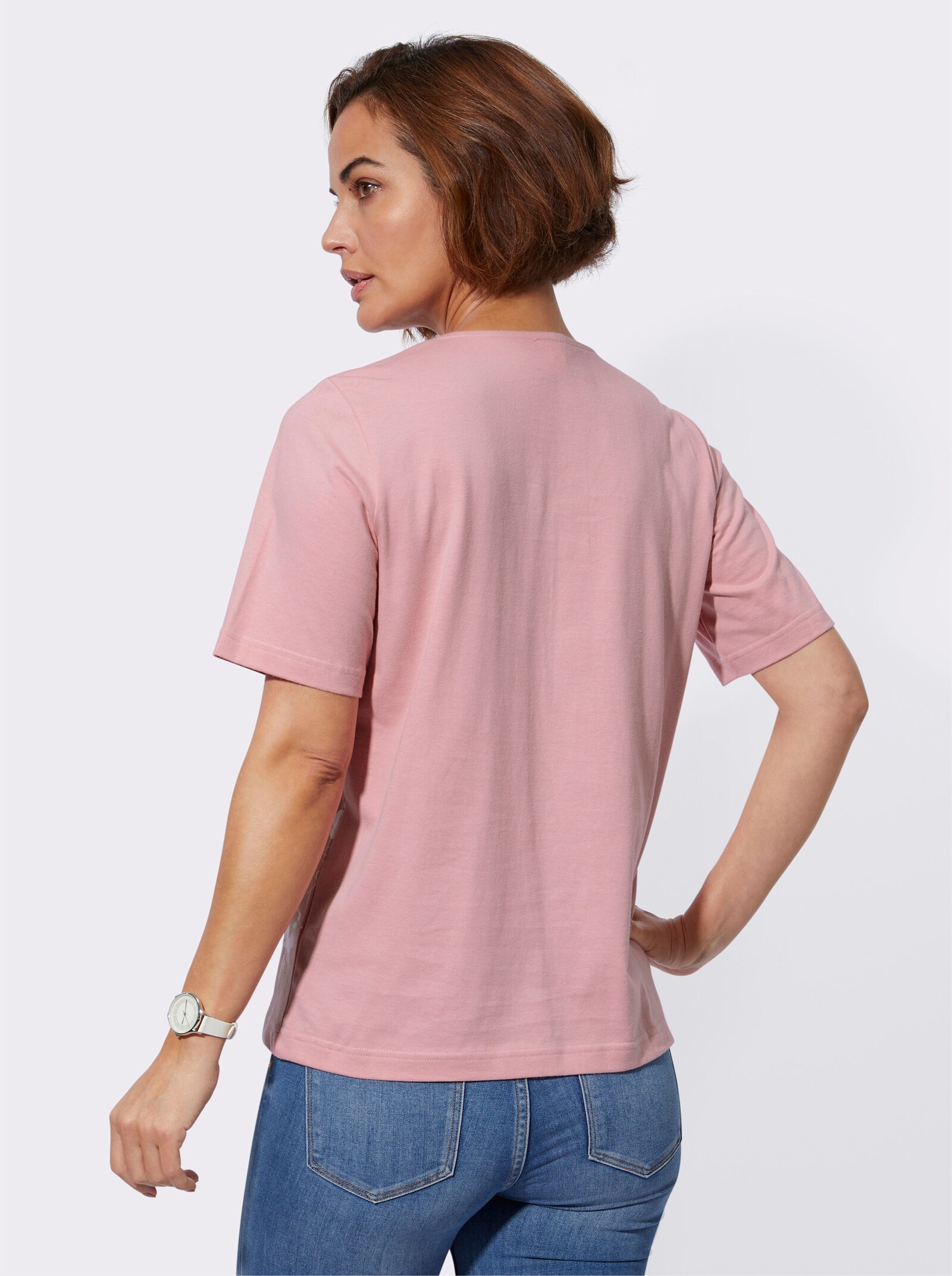 Shirt met ronde hals en sierknopen op de schouders - rozenkwarts bedrukt