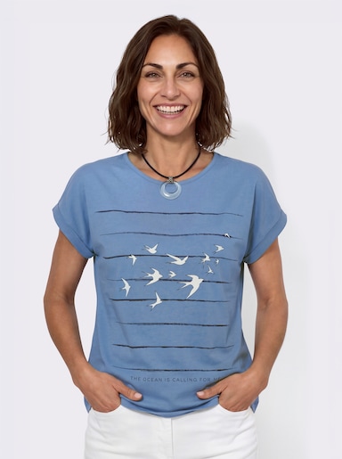 Print-Shirt mit überschnittenen Schultern - mittelblau-marine-bedruckt