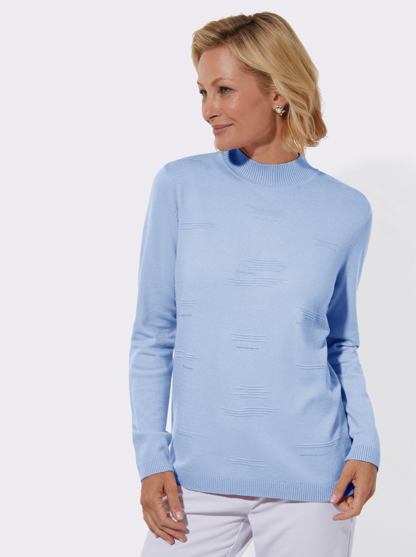Stehkragenpullover mit Rippmuster und Glitzersteinchen - eisblau