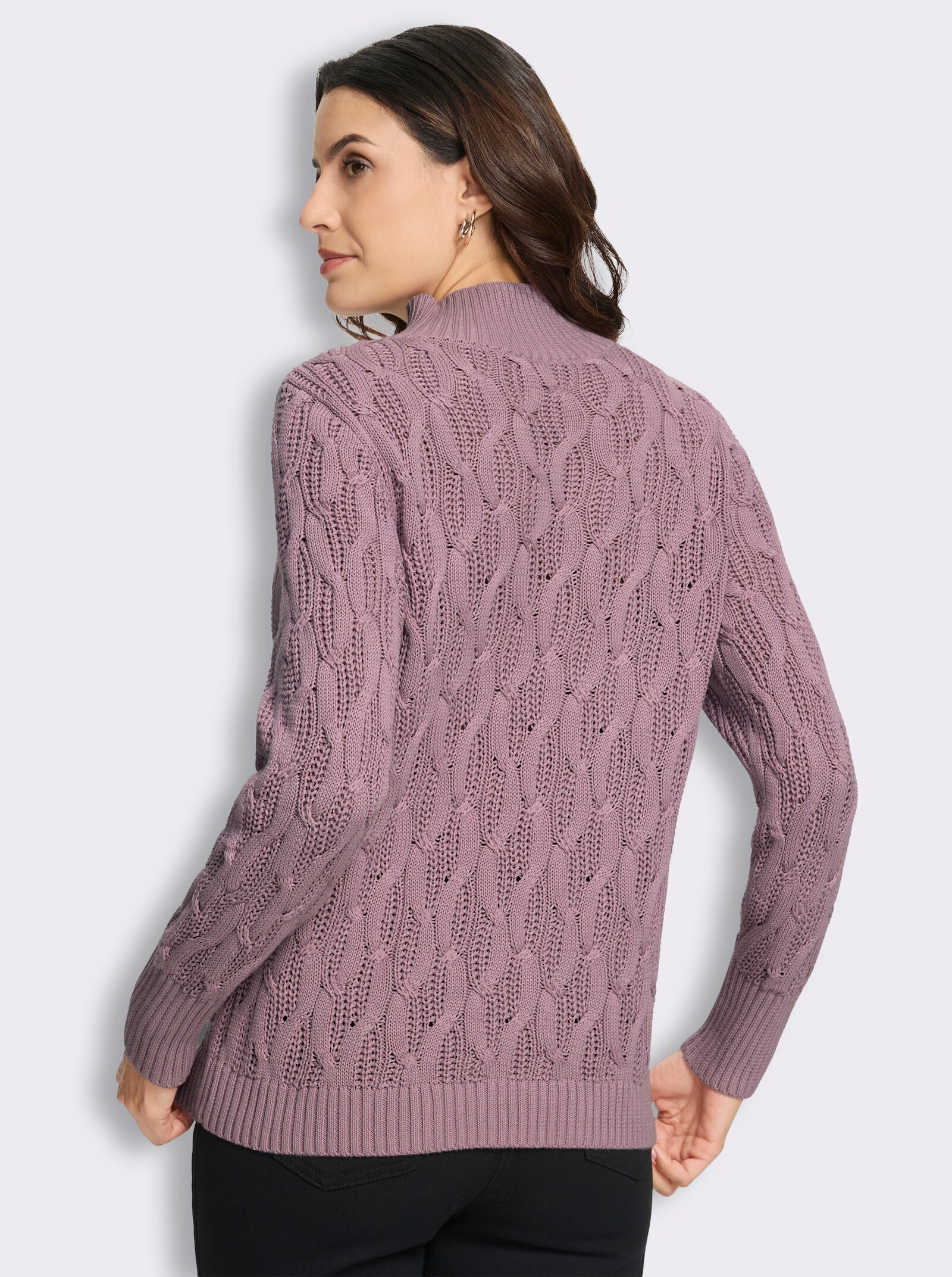  Stehkragenpullover mit Zopfmuster rundum - mauve