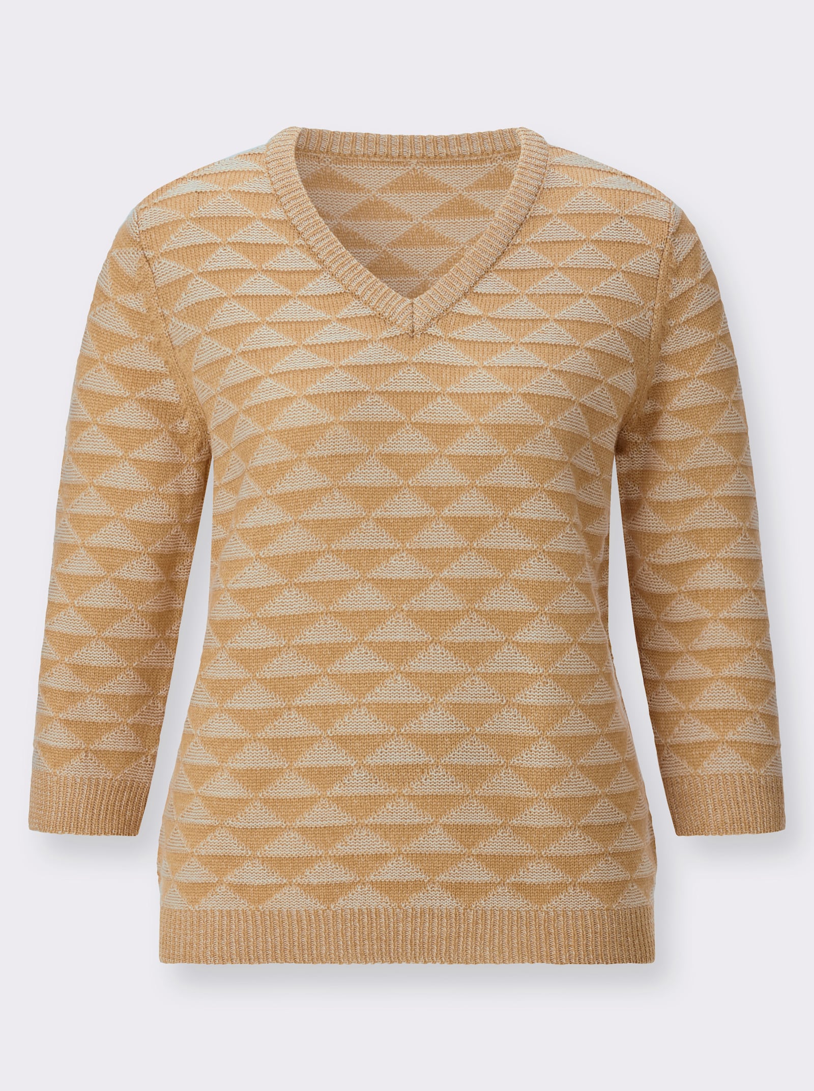 V-Ausschnitt-Pullover mit Strickmuster - camel-ecru-gemustert