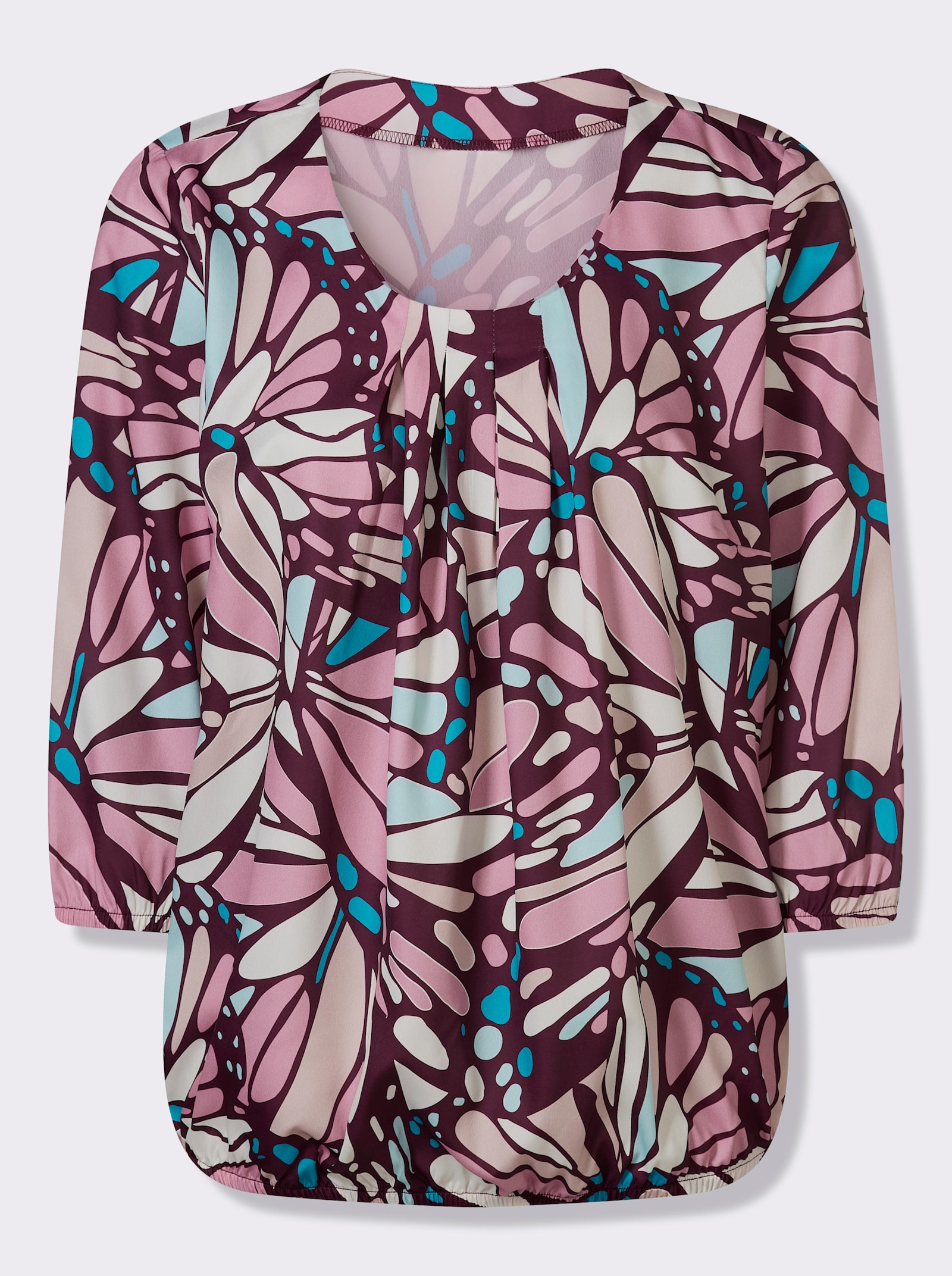 Comfortblouse met elastische boordjes - oudroze/turquoise bedrukt