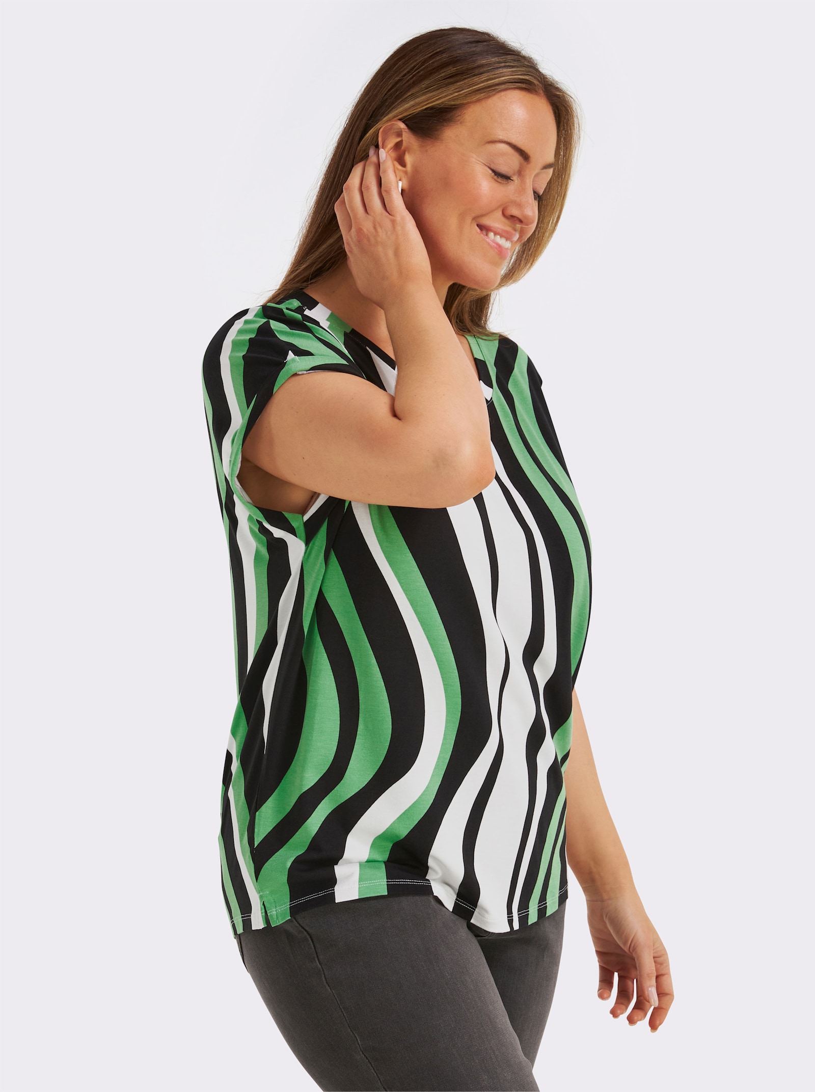 Streifenshirt mit überschnittenen Schultern - weiß-apfel-gestreift