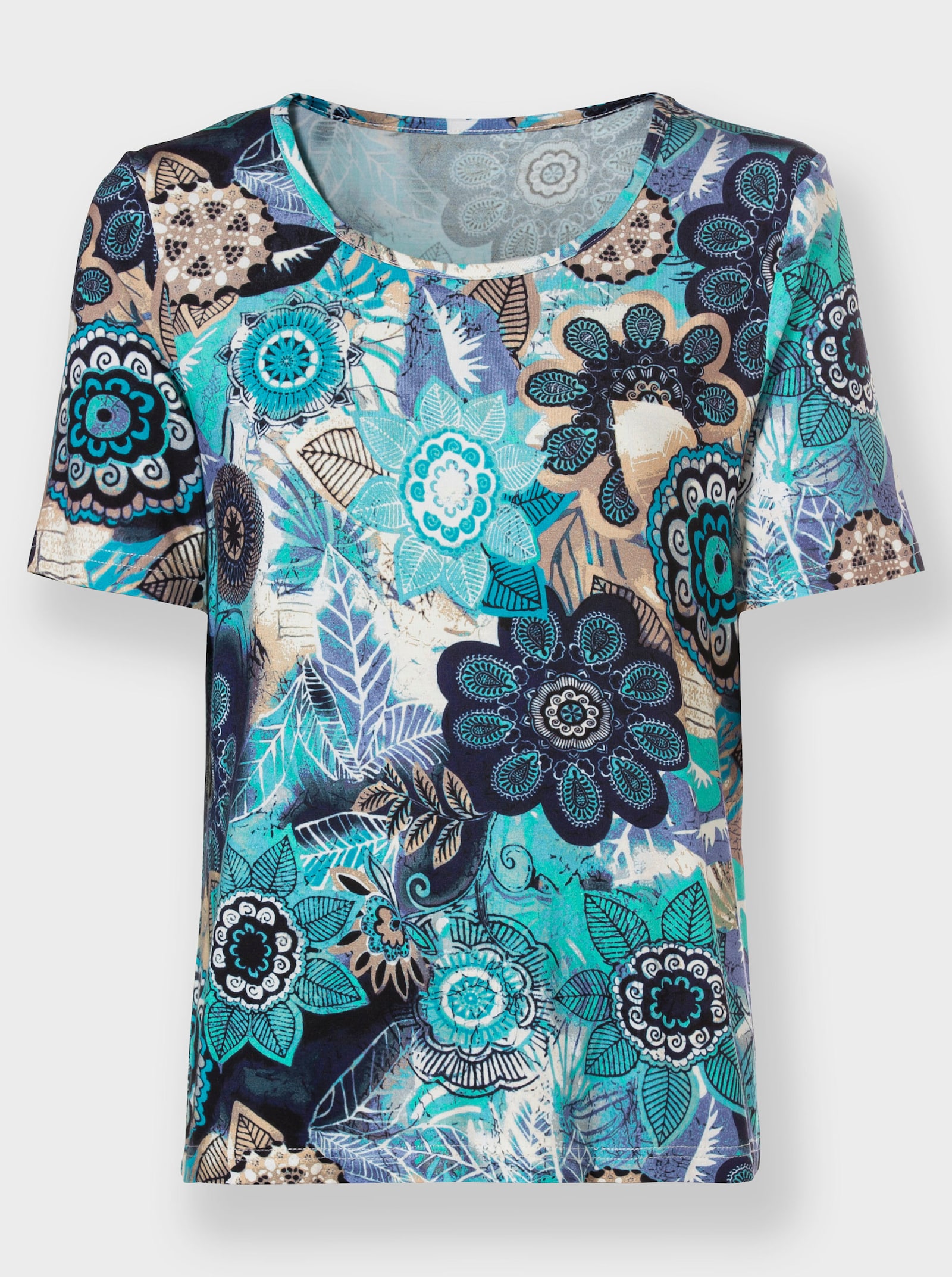 Rundhalsshirt aus Viskose-Stretch, bedruckt - aquamarin-ecru-bedruckt