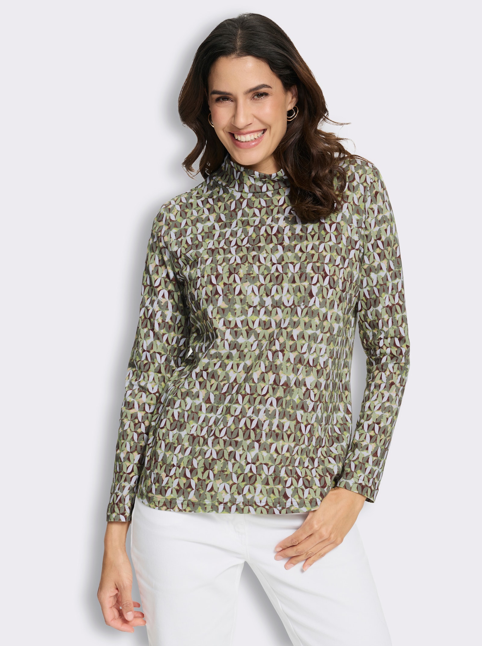 Stehkragenshirt mit grafischem Dessin - khaki-lindgrün-bedruckt